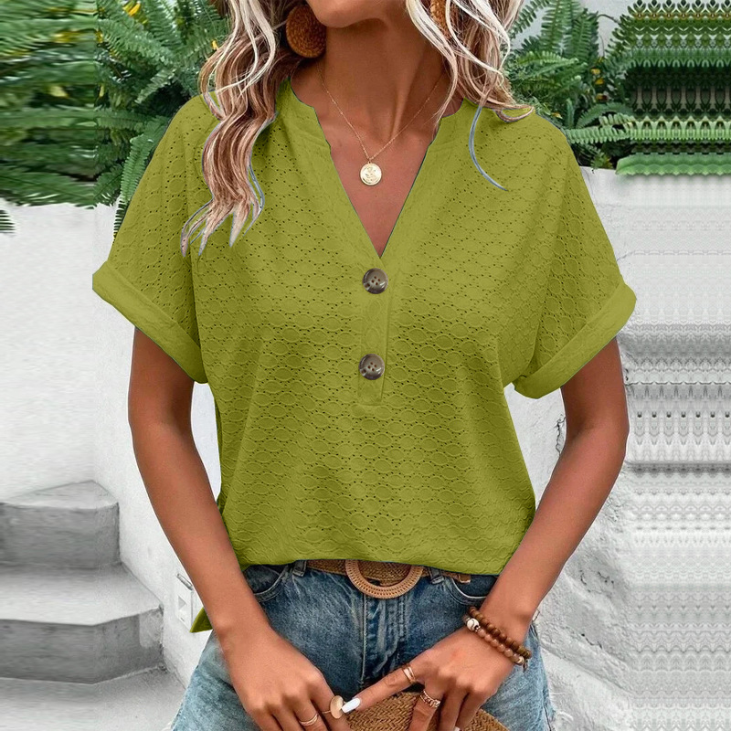 Women's Casual V-Neck Blouse Short Sleeve Loose Fit Button Front Solid Color Top - Image 36