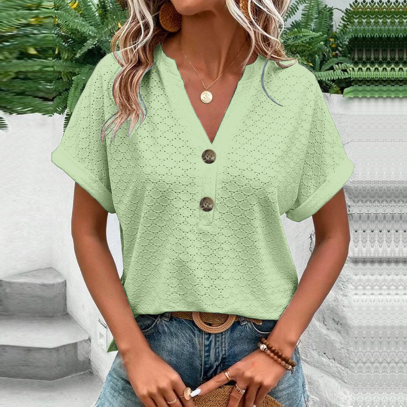 Women's Casual V-Neck Blouse Short Sleeve Loose Fit Button Front Solid Color Top - Image 11