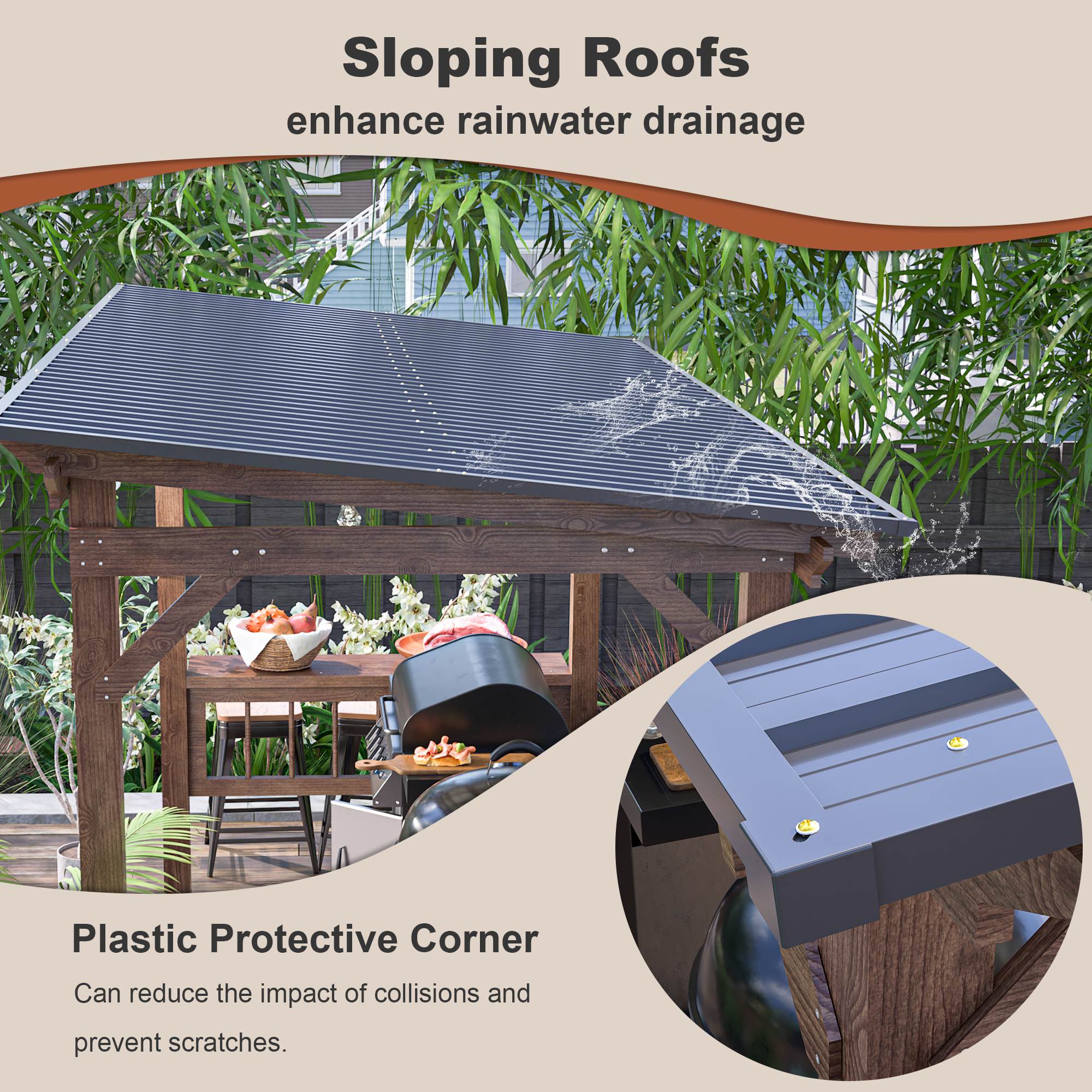13X 6.5 Ft Wooden Pergola Grill Gazebo With Metal Roof & Bulbs & Bar Counters - Image 1 of 12