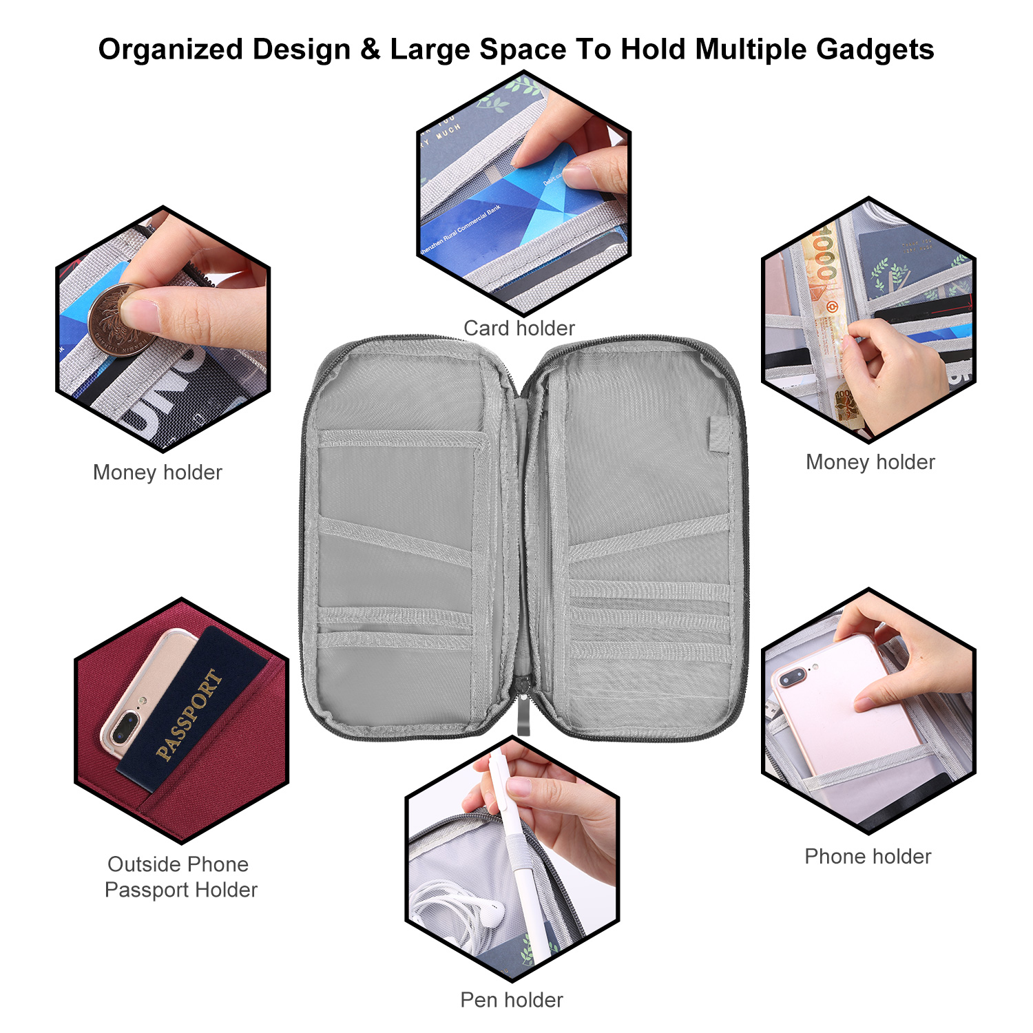1Pc Travel Passport Wallet 12Cells Ticket ID Credit Card Holder Water Repellent Documents Phone Organizer Zipper Case Business Trip Daily Use — foto 17