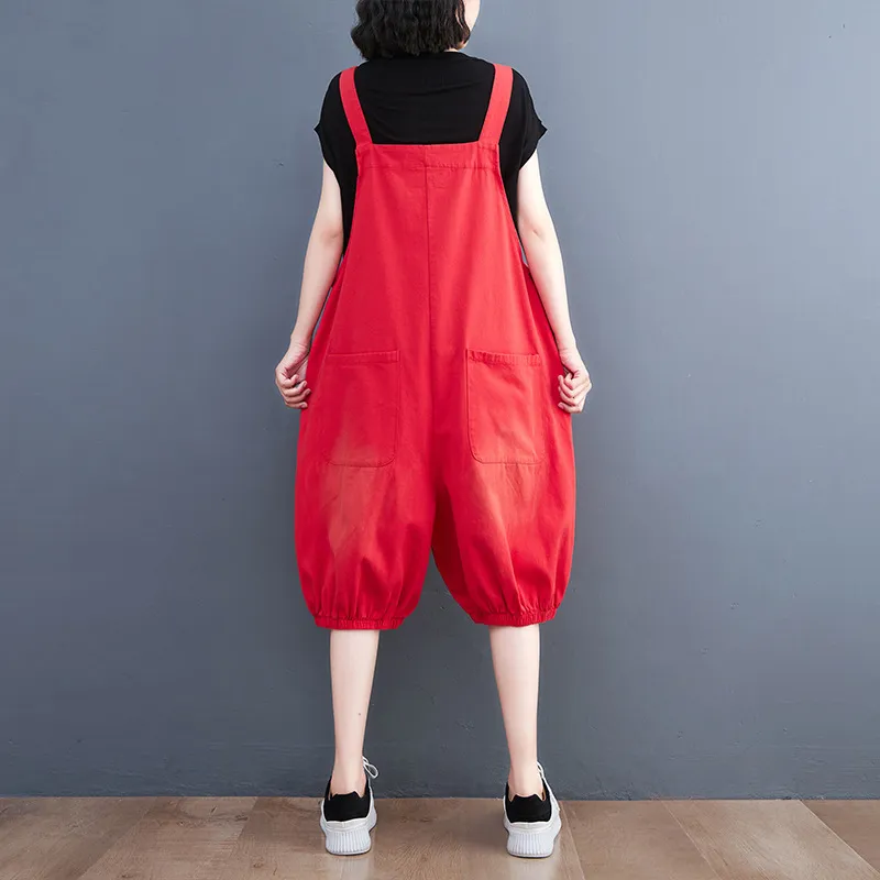 Plus Size Women's Korean Style New Denim Washed Denim Overalls - Red