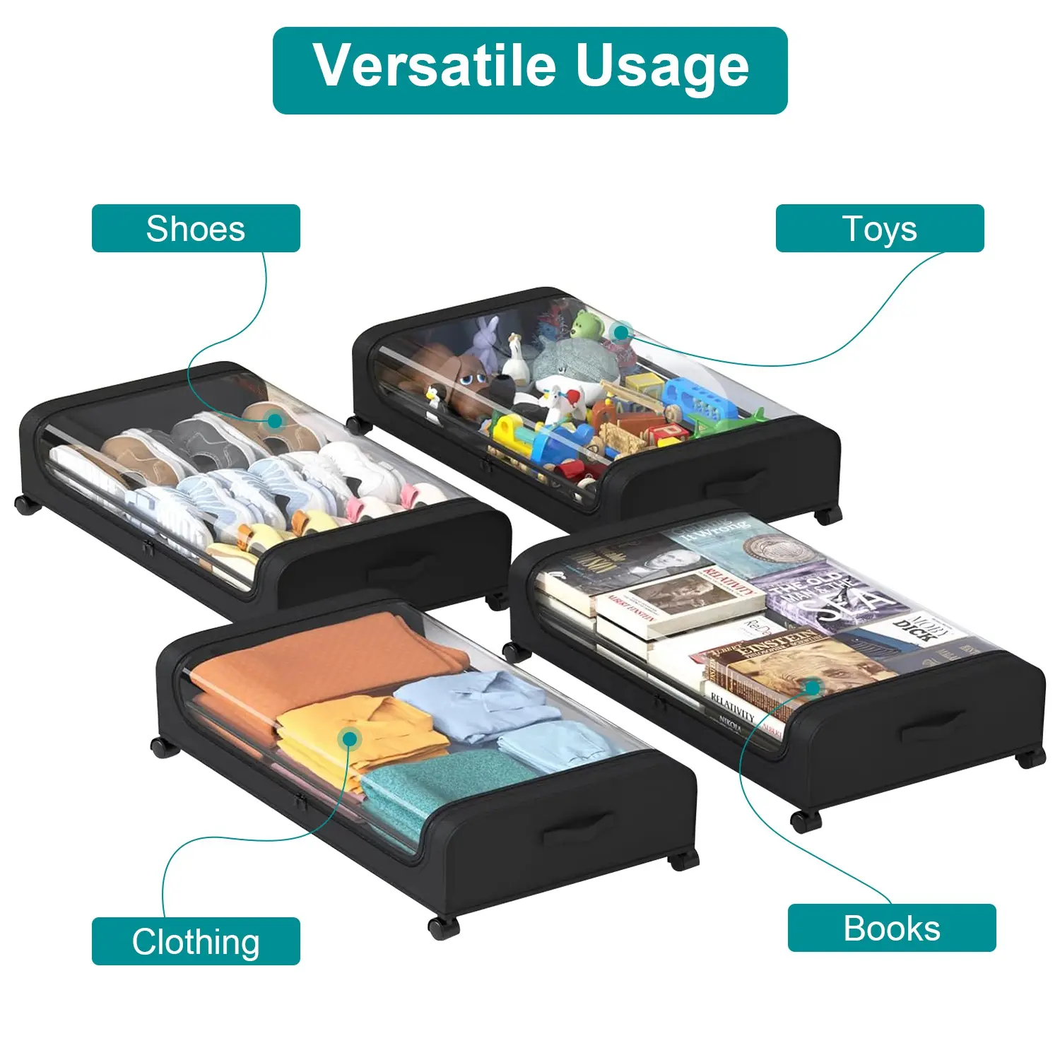 2Pcs  Under Bed Storage Containers With Lid Wheels Strap Handles 42L 11Gal Per Container Fedex Shipping