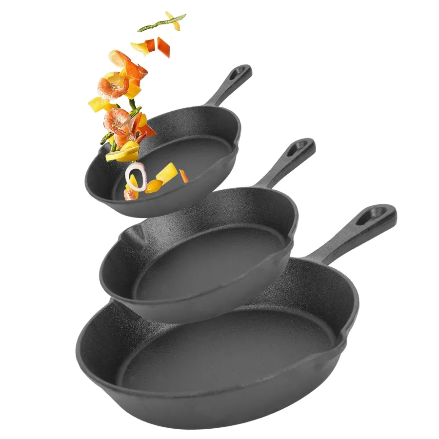 3Pcs Pre-Seasoned Cast Iron Skillet Set For Indoor Outdoor