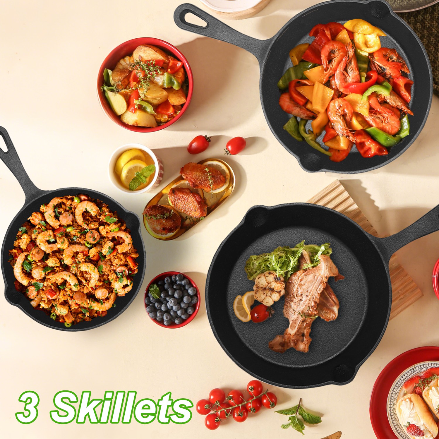 3Pcs Pre-Seasoned Cast Iron Skillet Set For Indoor Outdoor 6in 8in 10in Non-Stick Oven Safe Cookware Heat-Resistant Frying Pan For Frying Cooking Baking — foto 12