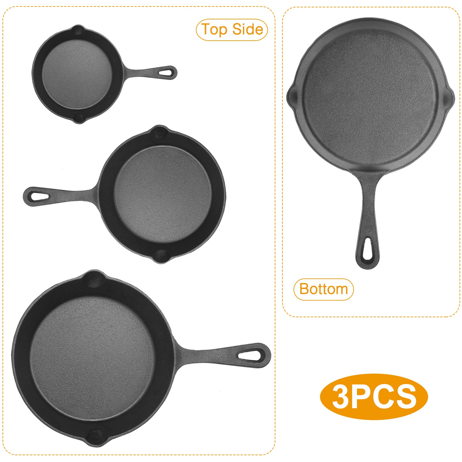 3Pcs Pre-Seasoned Cast Iron Skillet Set For Indoor Outdoor 6in 8in 10in Non-Stick Oven Safe Cookware Heat-Resistant Frying Pan For Frying Cooking Baking — foto 8