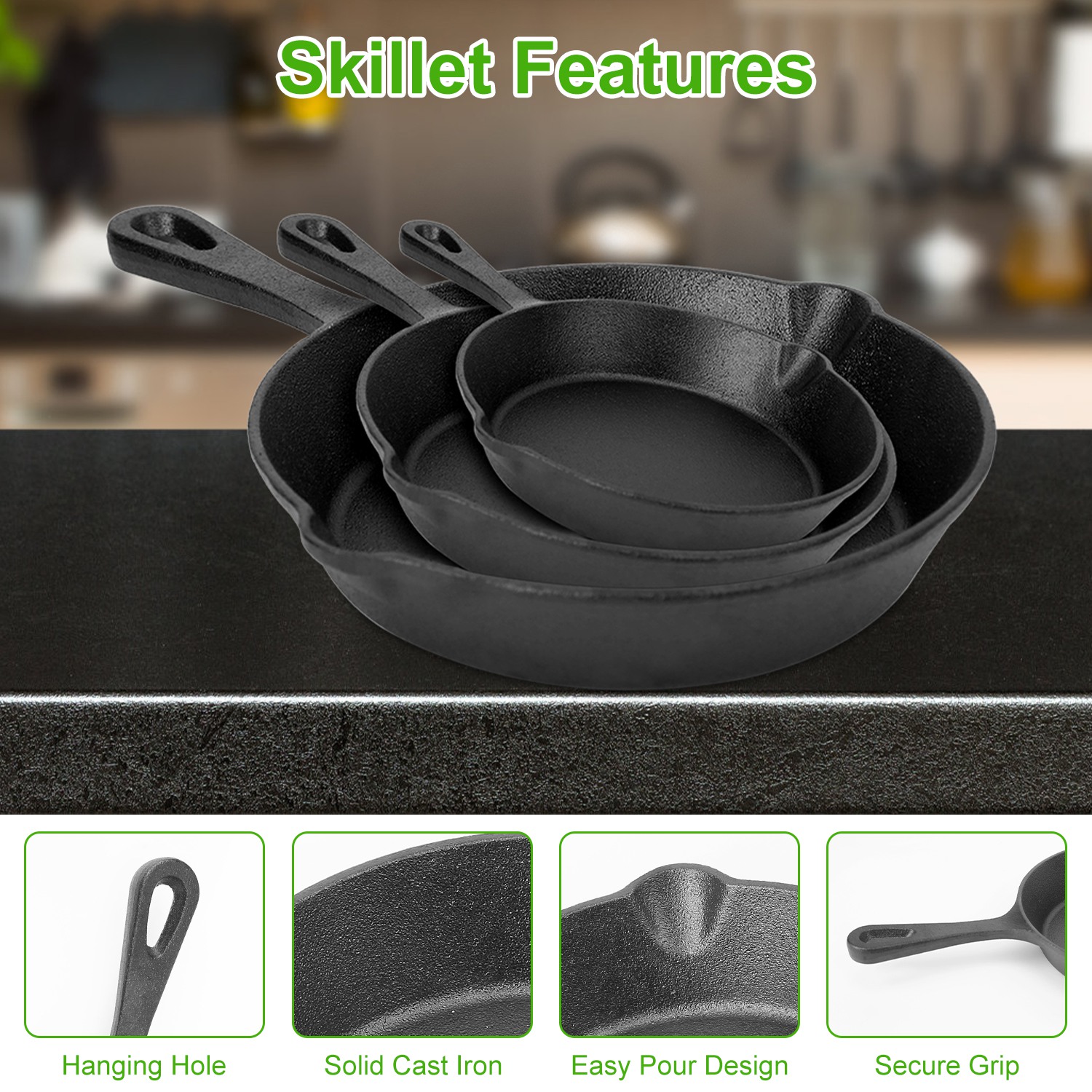 3Pcs Pre-Seasoned Cast Iron Skillet Set For Indoor Outdoor 6in 8in 10in Non-Stick Oven Safe Cookware Heat-Resistant Frying Pan For Frying Cooking Baking — foto 2