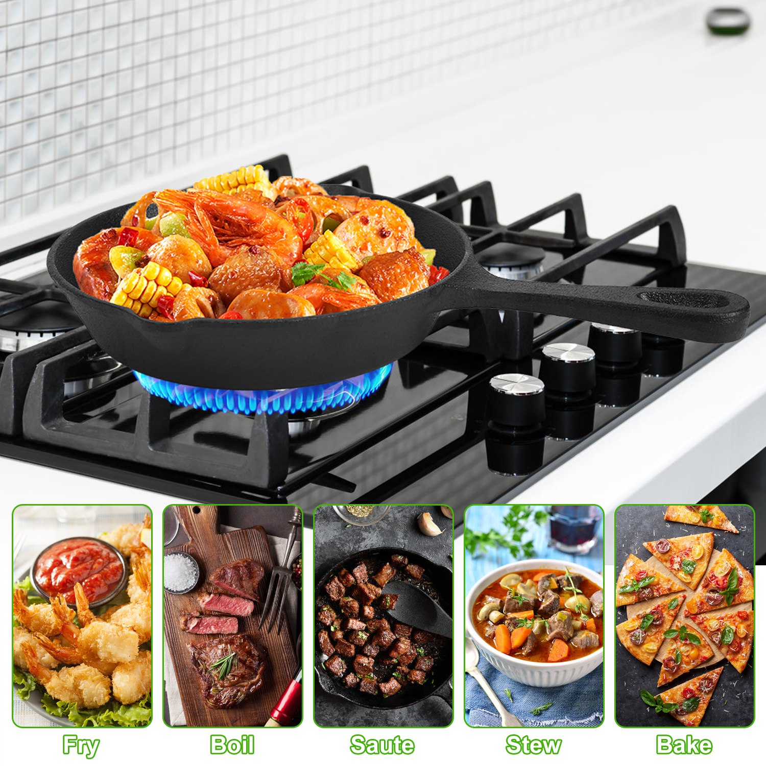 3Pcs Pre-Seasoned Cast Iron Skillet Set For Indoor Outdoor 6in 8in 10in Non-Stick Oven Safe Cookware Heat-Resistant Frying Pan For Frying Cooking Baking — foto 4