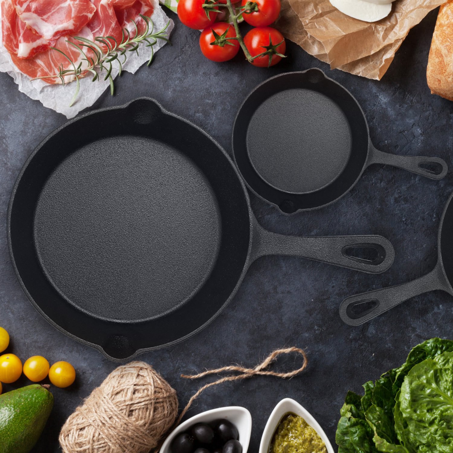 3Pcs Pre-Seasoned Cast Iron Skillet Set For Indoor Outdoor 6in 8in 10in Non-Stick Oven Safe Cookware Heat-Resistant Frying Pan For Frying Cooking Baking — foto 10