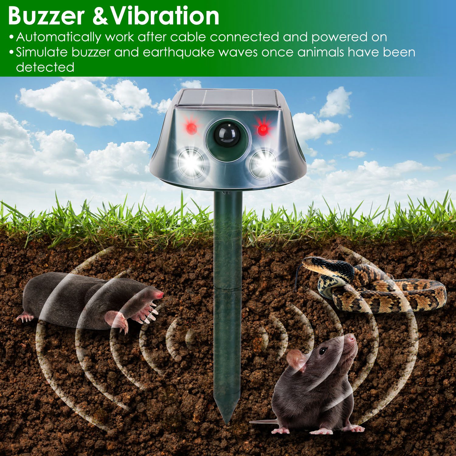 1Pc Ultrasonic Solar Animal Repeller Outdoor  Mole Snake Squirrel Repellent Waterproof With 3 Modes Motion Sensor Vibration Stake For Farm Garden Yard — view 6
