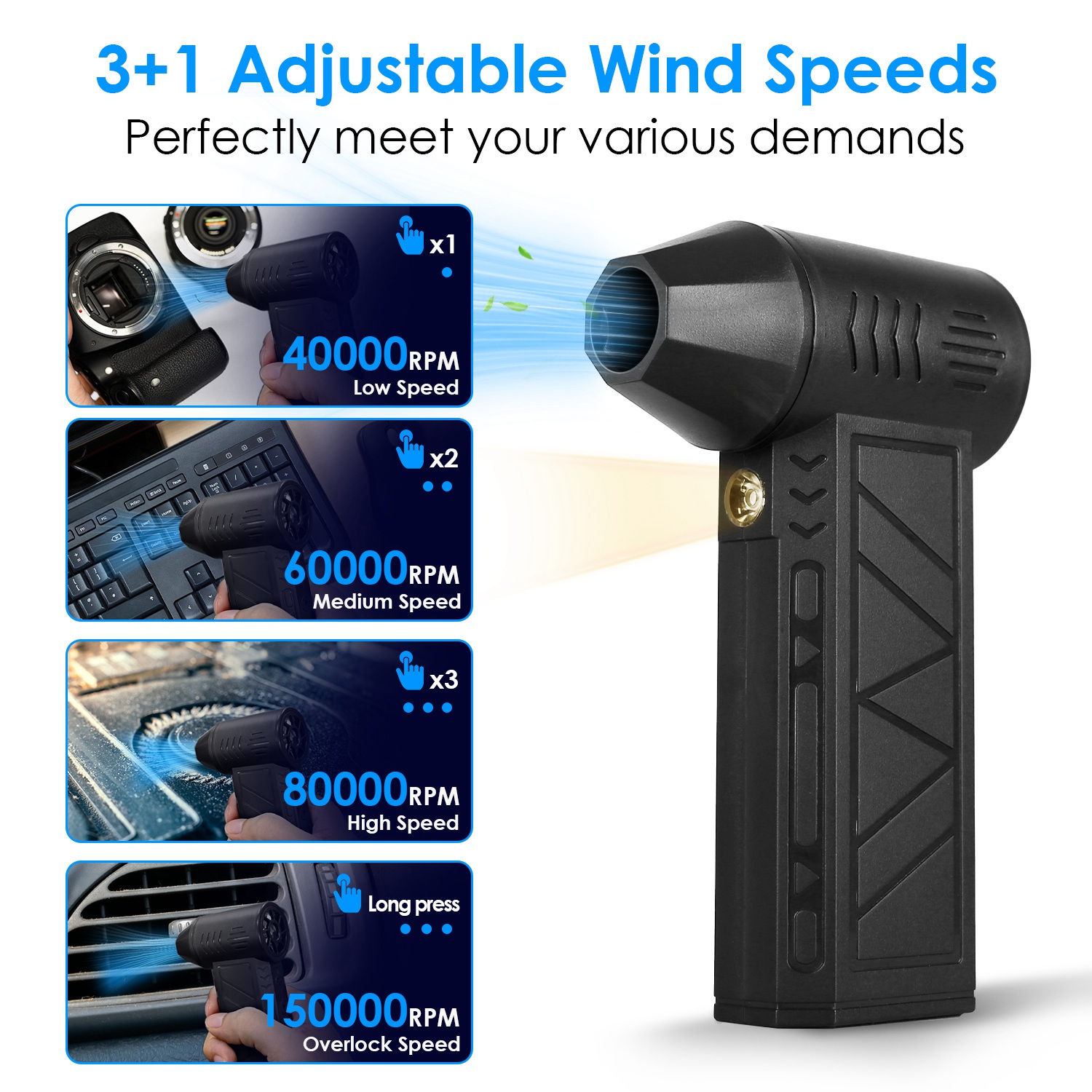Compressed Air Duster With LED Light Up To 150000RPM Speed For PC Keyboard Cleaning High Speed Rechargeable Cordles... image 3