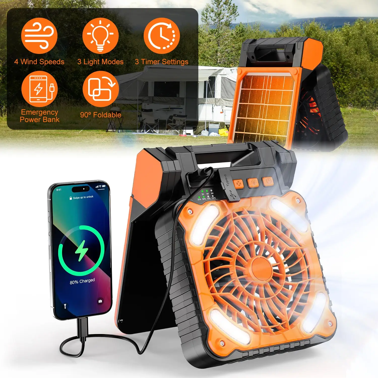 Solar Camping Fan With LED Lantern 5200mAh