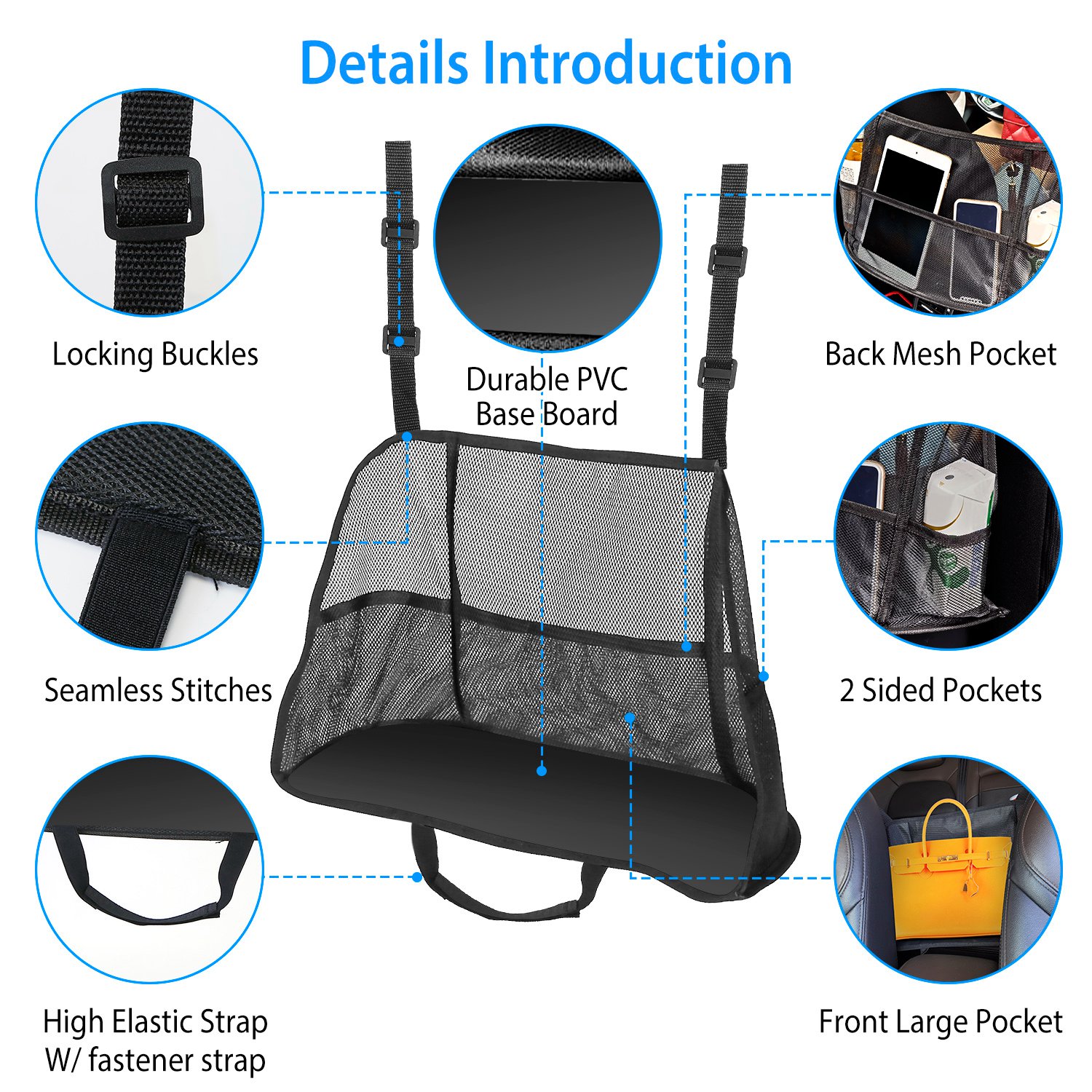 1Pc Car Net Pocket Handbag Holder Car Storage Netting Pouch Seat Side Storage Mesh Organizers Bag For Purse Phone Documents Barrier Pets Kids At Backseat — foto 5
