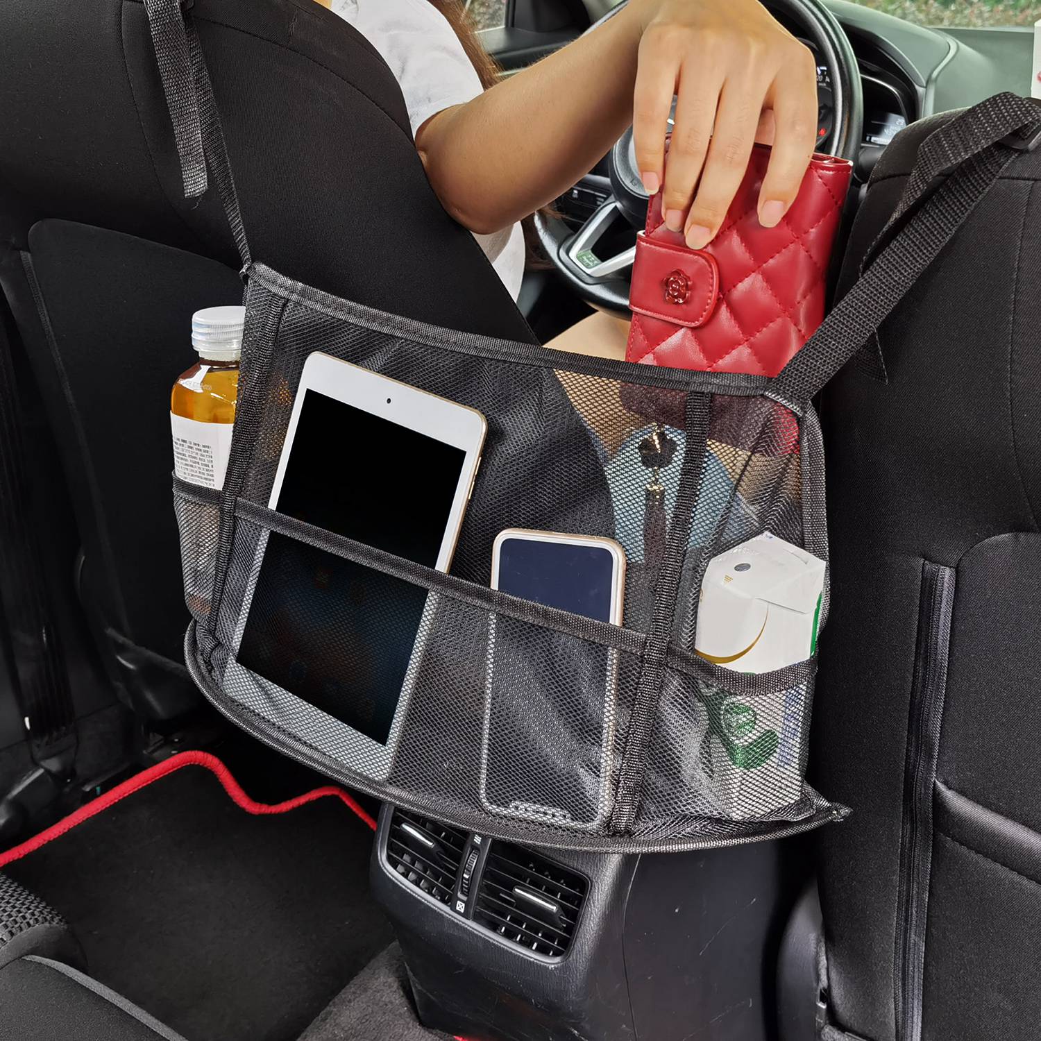 1Pc Car Net Pocket Handbag Holder Car Storage Netting Pouch Seat Side Storage Mesh Organizers Bag For Purse Phone Documents Barrier Pets Kids At Backseat — foto 4