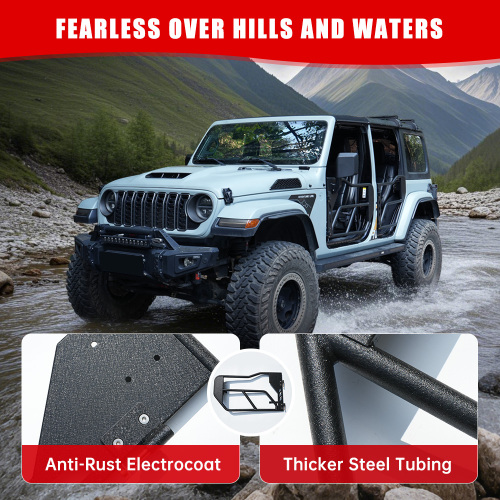 Tube Doors With Side View Mirror For 2018-2024 Wrangler JL JLU & Gladiator JT 4-Doors, Includes 4XE, 4-piece Set Off Road Summer Trail Adventure - Image 4