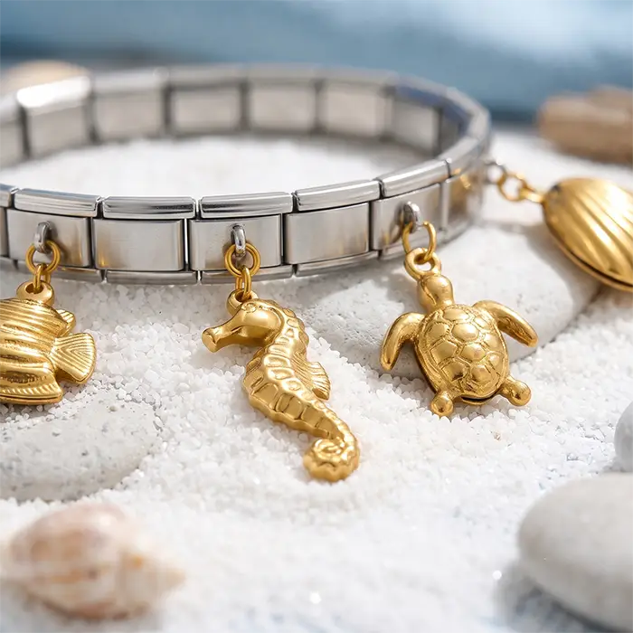 Italian Style Charm Bracelet , Gold-Tone Ocean Life Dangle Bracelet , Waterproof Stainless Steel Vacation Jewelry