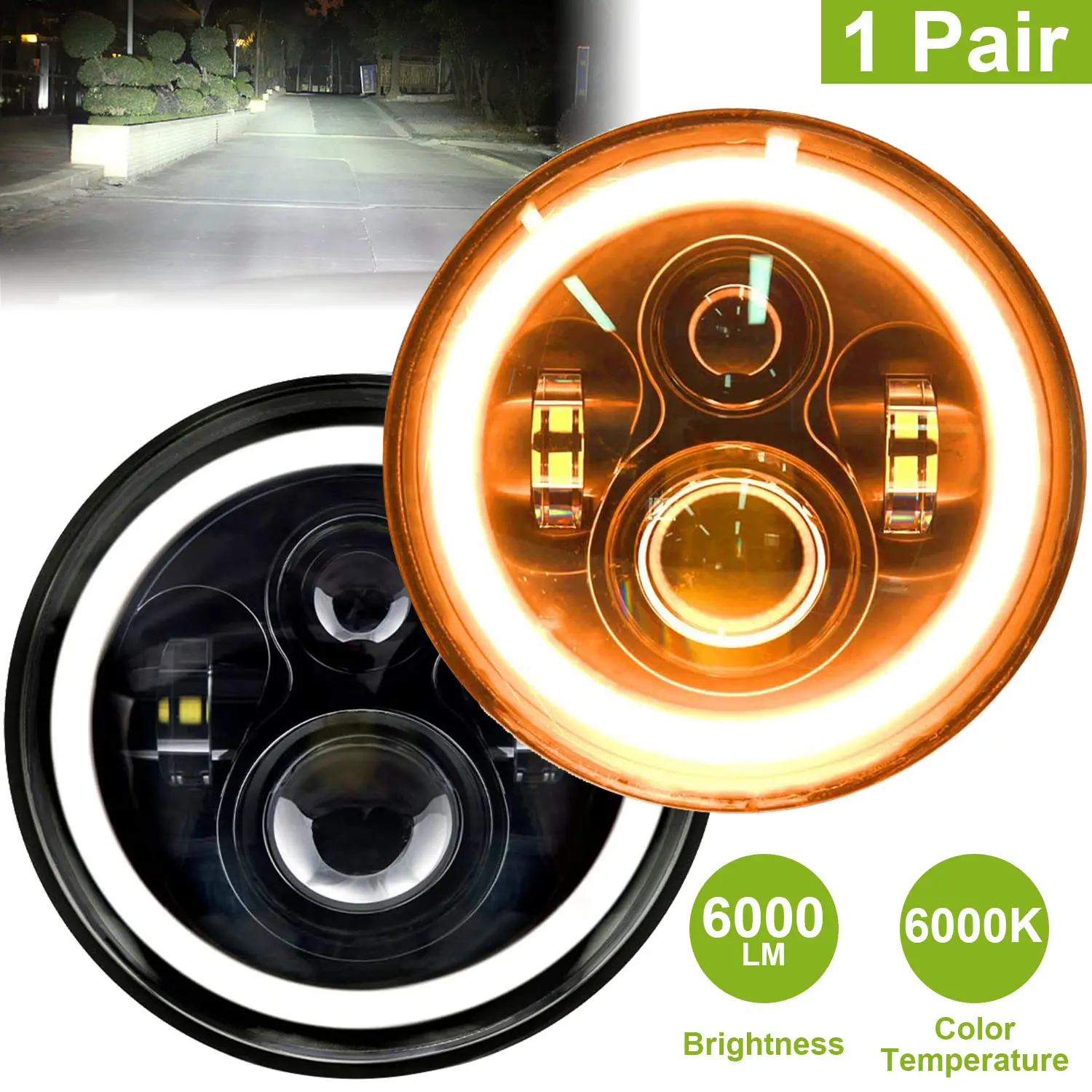7in 6000LM Round LED Headlight Halo Angel