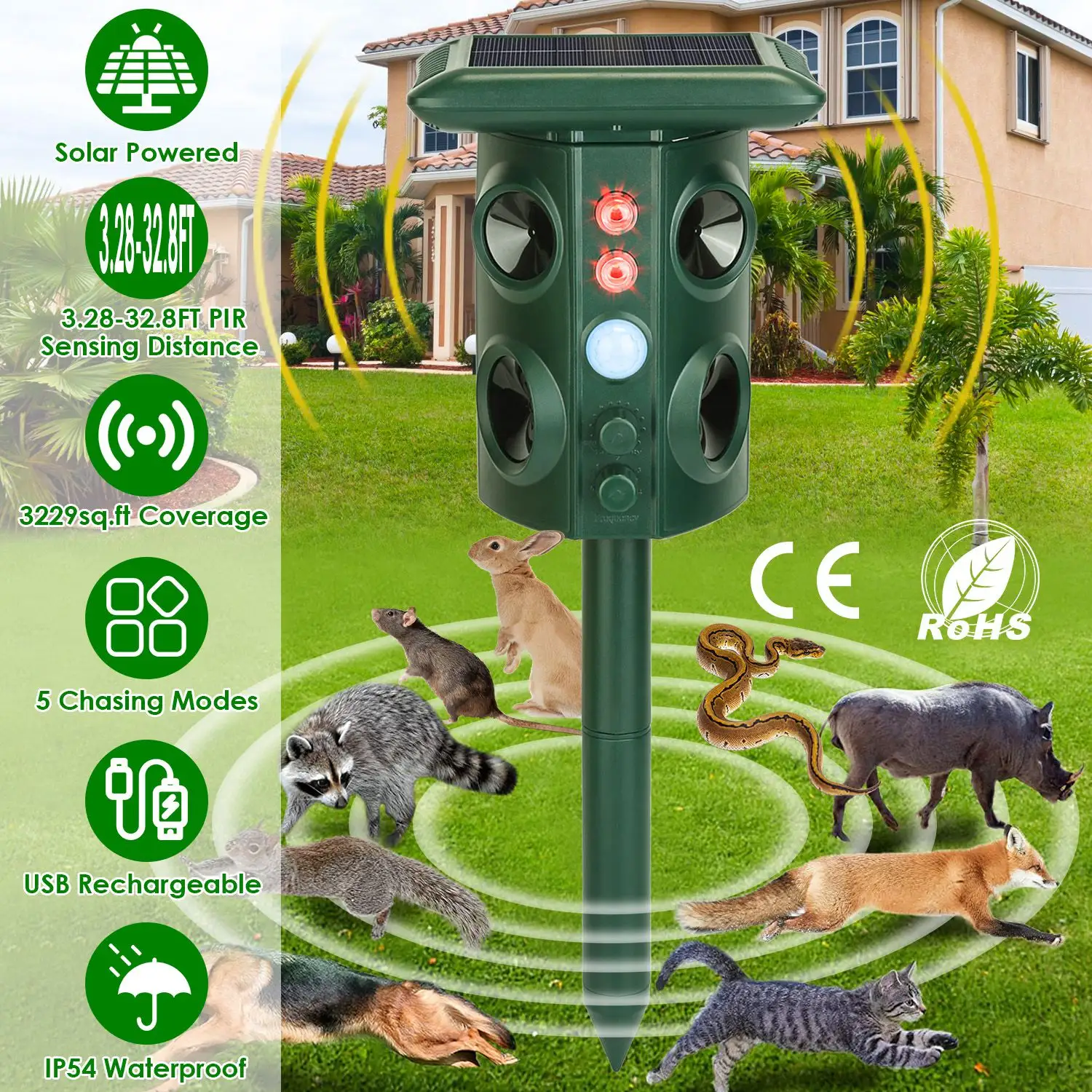 Solar Ultrasonic Animal Repeller Powered Repellent Chaser