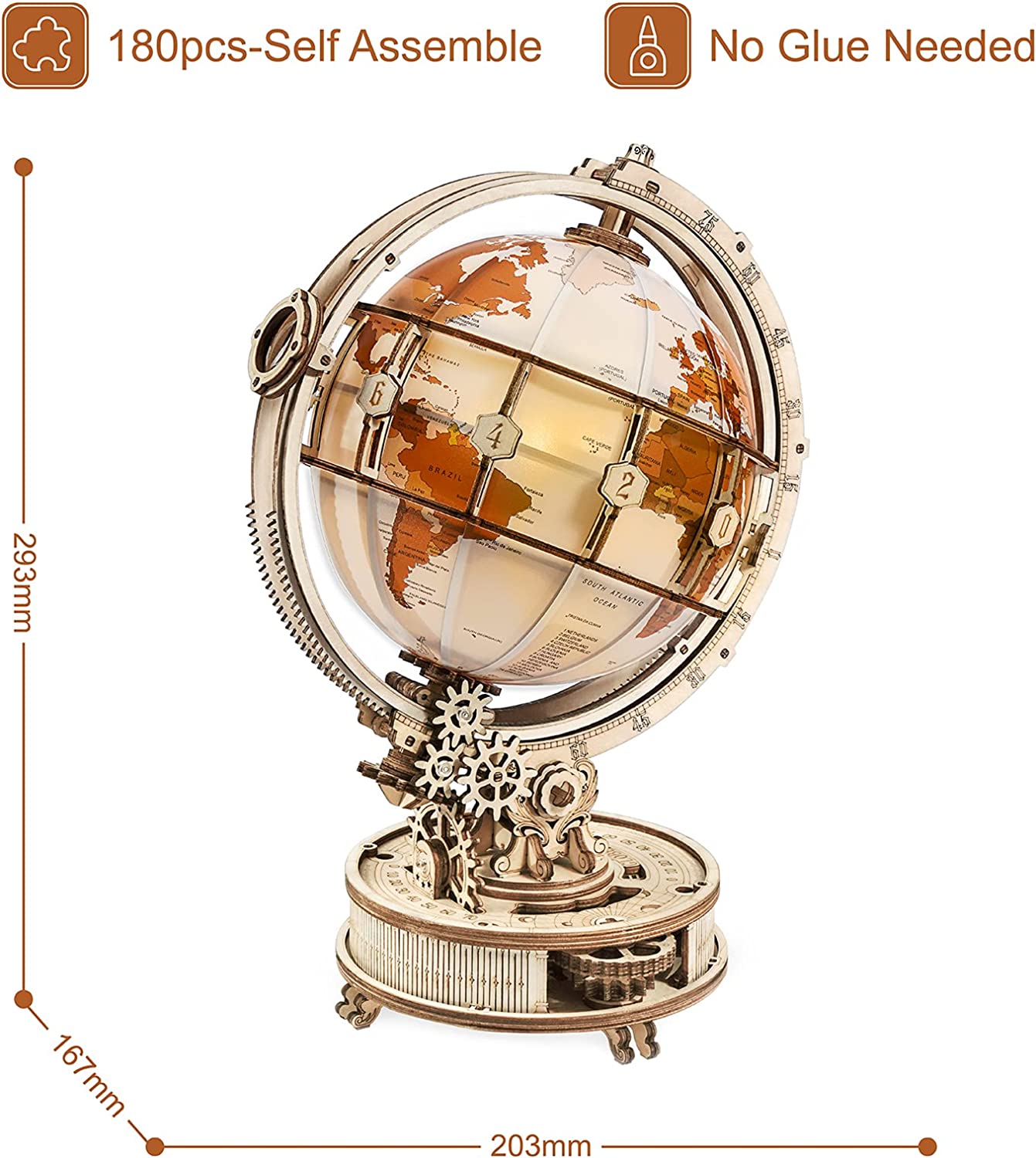ROKR Luminous Globe 3D Wooden Puzzle – 180-Piece DIY Model Kit - Image 1