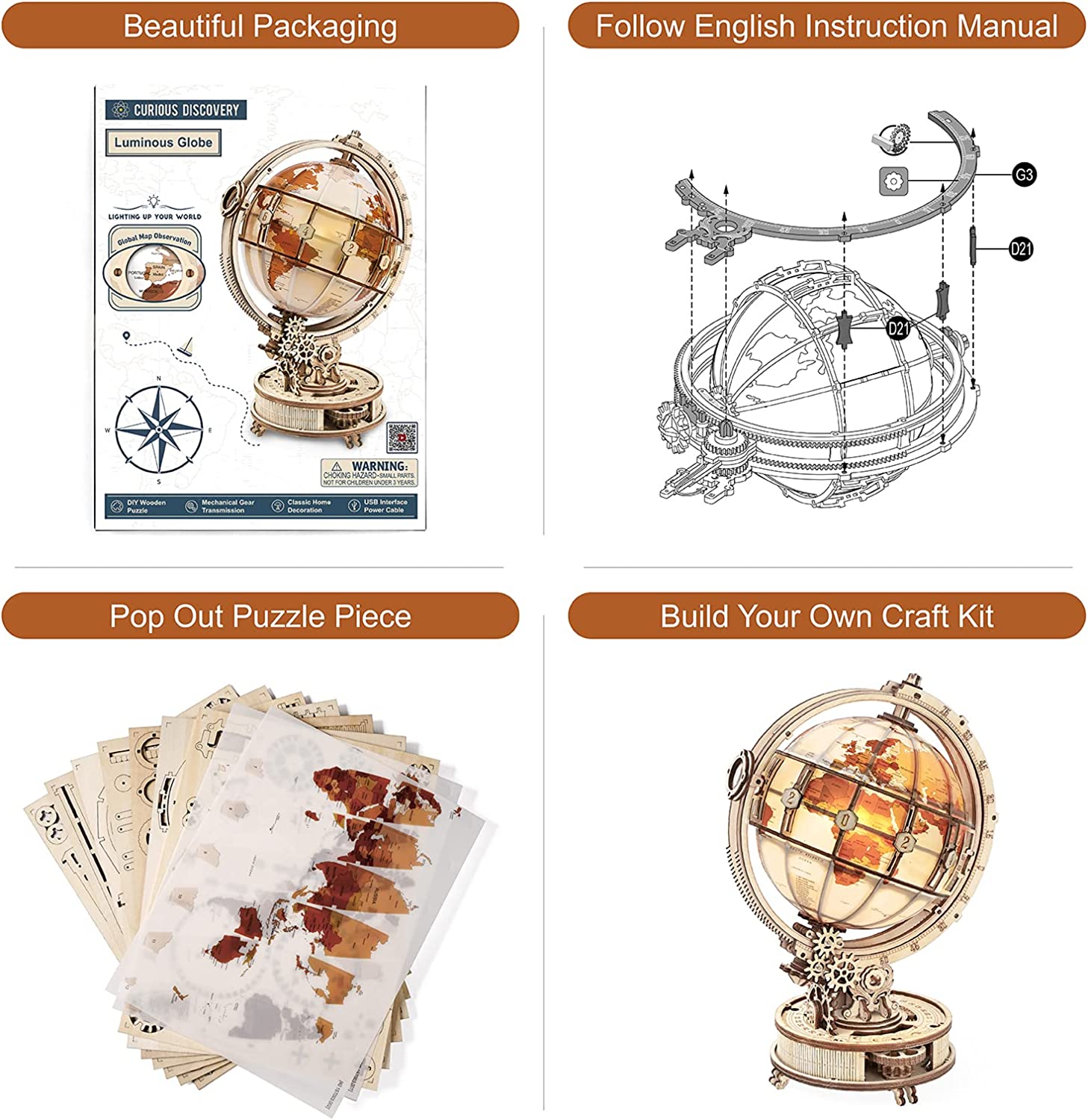 ROKR Luminous Globe 3D Wooden Puzzle – 180-Piece DIY Model Kit - Image 3