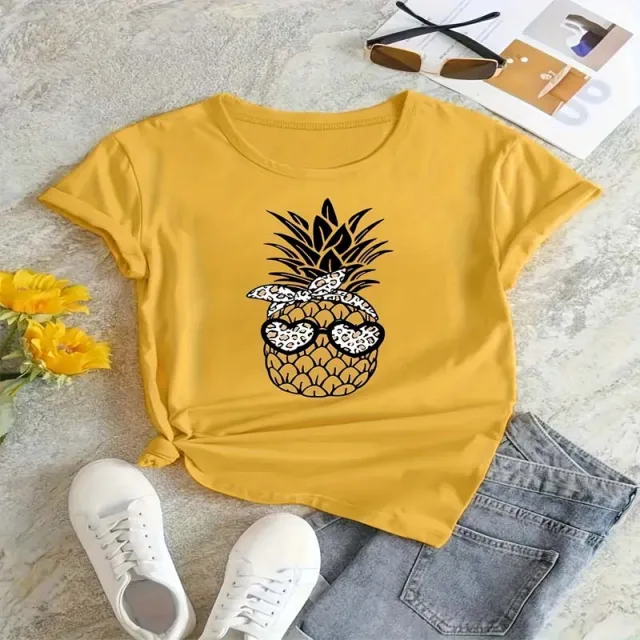 Women's Round Neck Short Sleeve T Shirt Black Pineapple Print Casual Summer Top Yellow - Shop at LoveMi