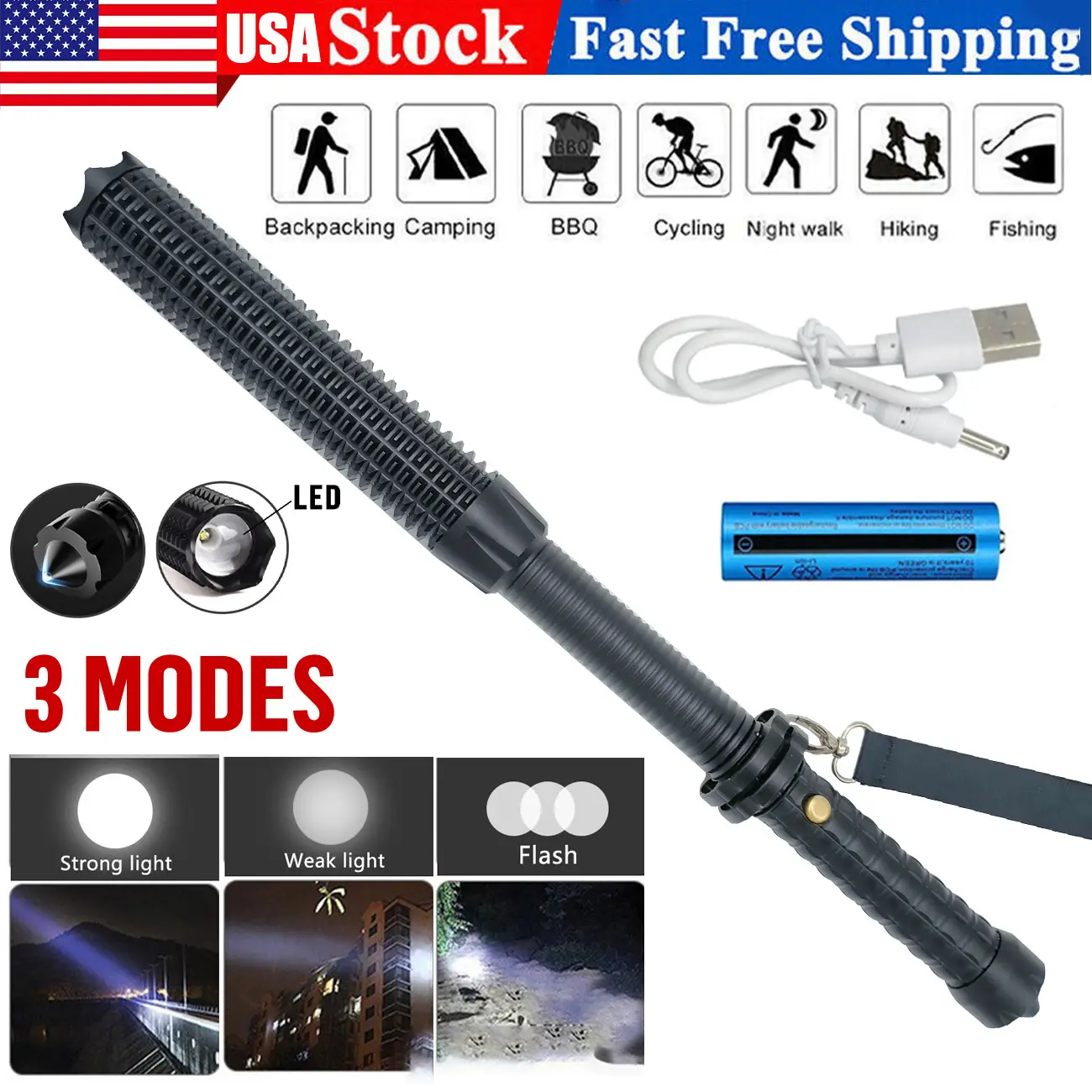 Baseball LED Flashlight Zoom Rechargeable Torch Spotlight