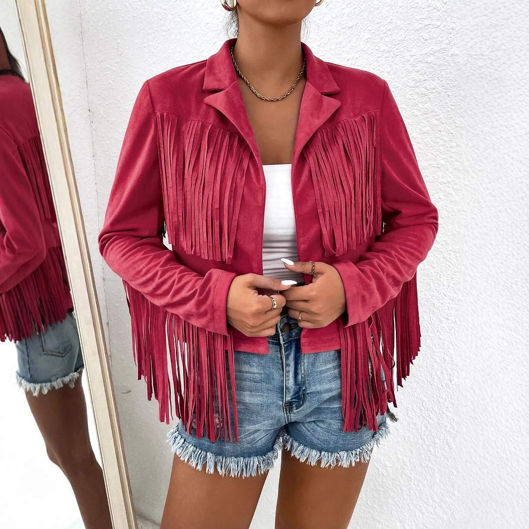 Spring And Autumn Women's V-neck Long Sleeve Fringe Jacket Solid Color Loose Short Coat