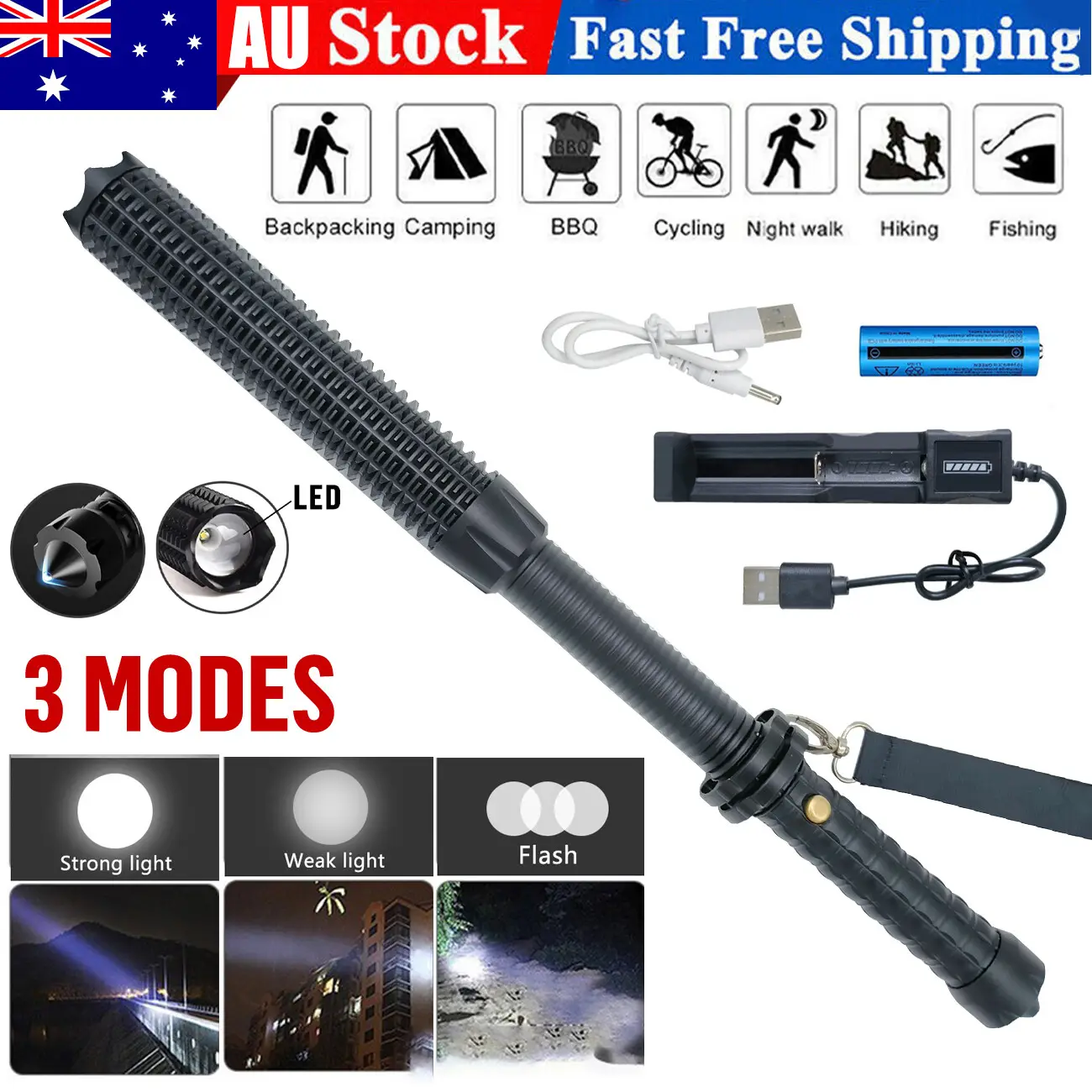 Baseball LED Flashlight Zoom Rechargeable Torch Spotlight