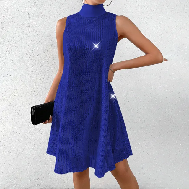 Women's Sparkly Sequin Sleeveless Mock Neck Dress Glittery Evening Party Dress Blue - Shop at LoveMi