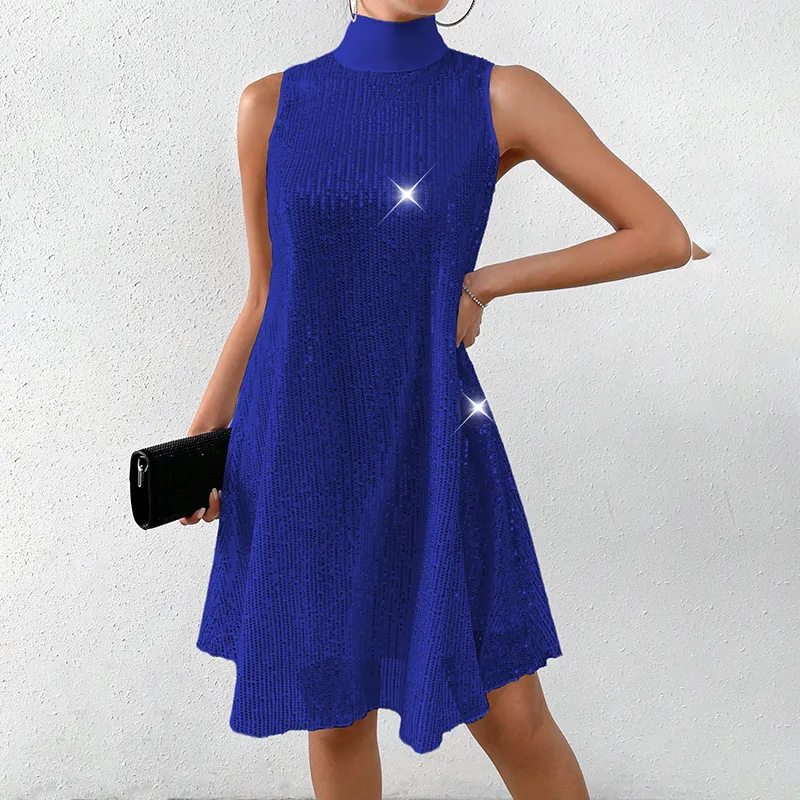 Women's Sparkly Sequin Sleeveless Mock Neck Dress Glittery Evening Party Dress - Blue