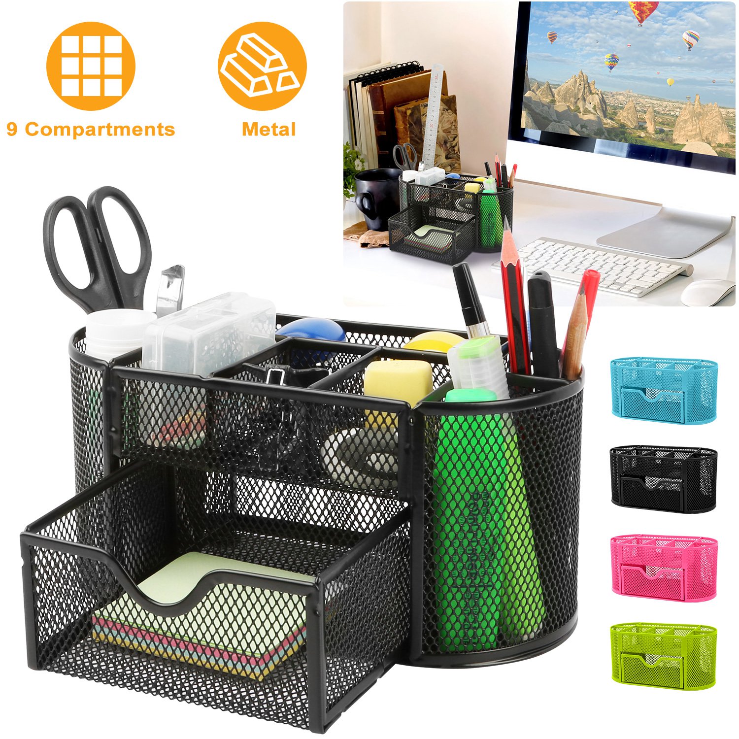 1Pc Metal Mesh Pencil Holders Desk Organizer With 9 Compartment Pen