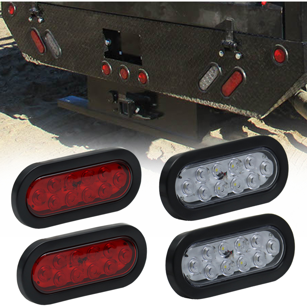 Truck Universal Small Taillight American Version, Rubber Frame With Plug 10 LED Oval Light ,12V, 2 Red Glossy Covers,2 Transparent Glossy Covers -4-piece Set