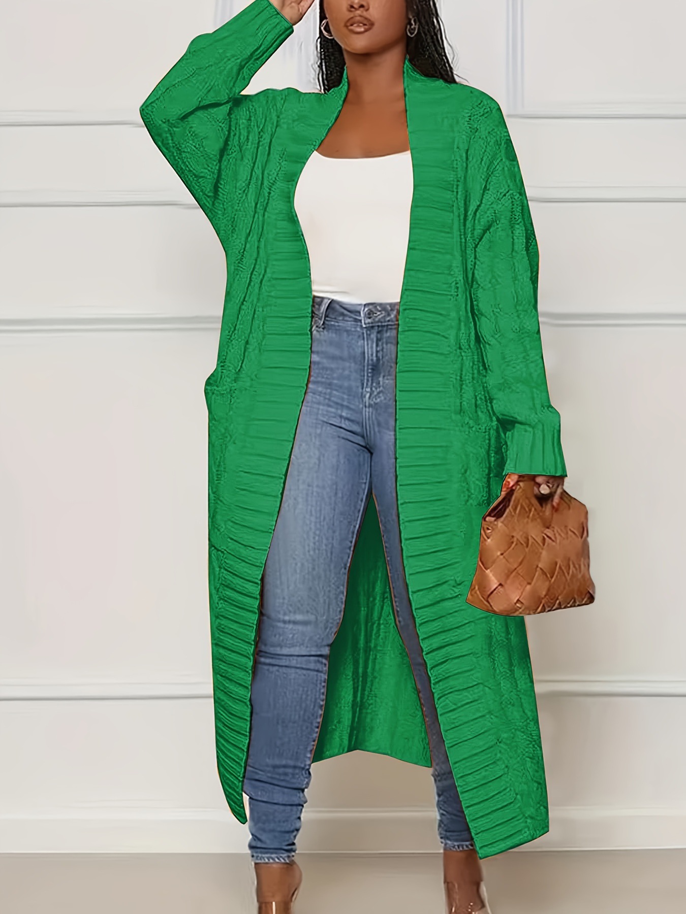 Women's Solid Color Elegant Knitted Coat Fashion Pocket Green - Shop at LoveMi
