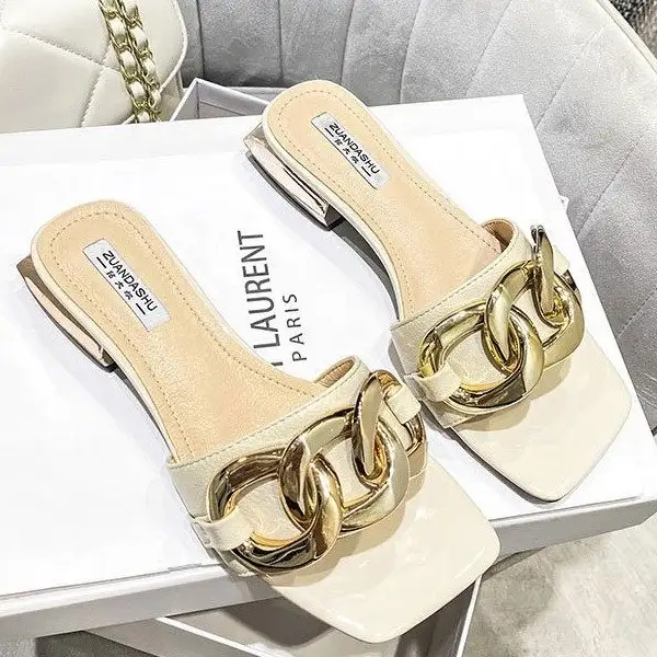 Large Size 34-43 Sandals Women's New Retro Chain Flat Shoes Niche Outdoor Slippers Women's Shoes