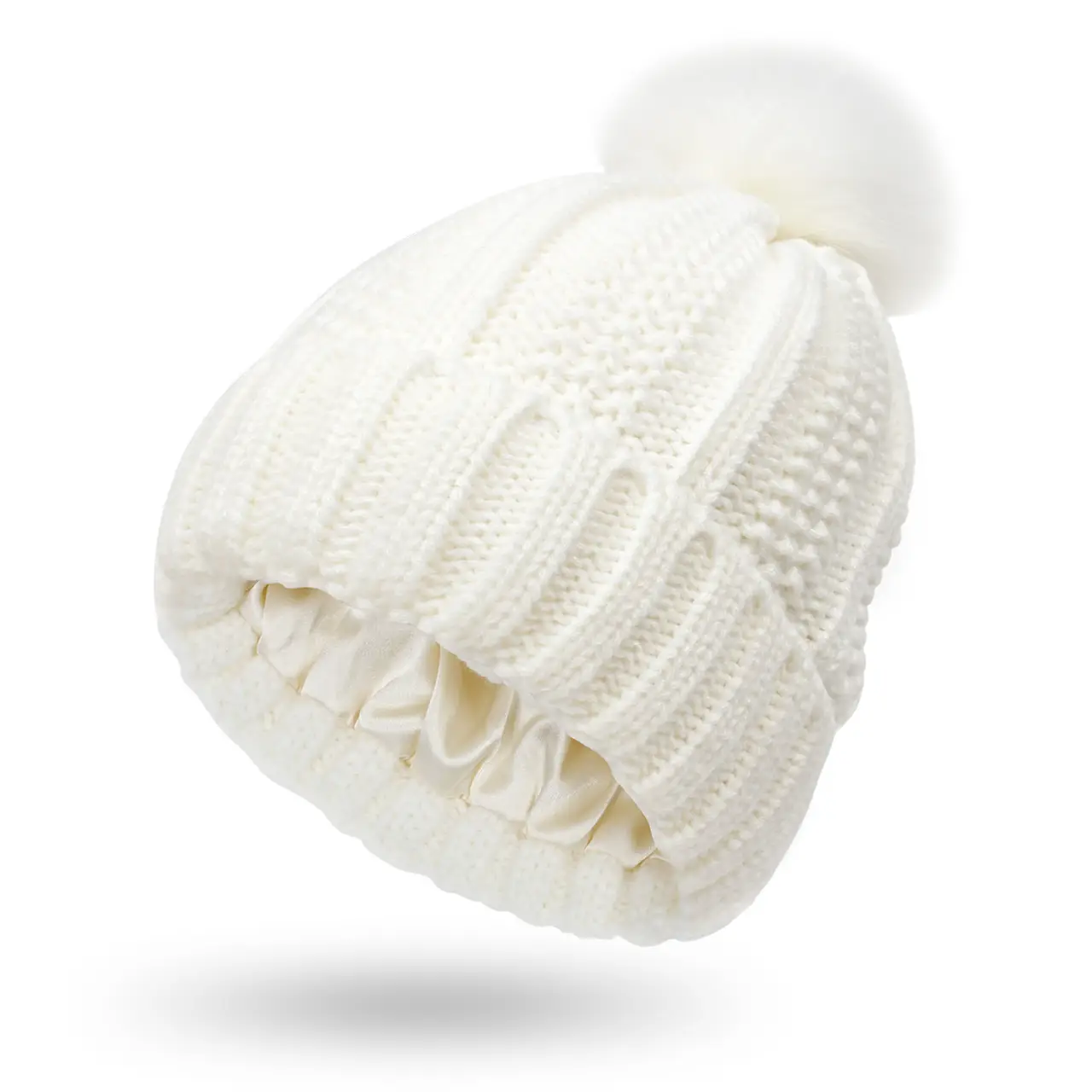Winter Knitted Hats Fashion Stretchy Lined Skull Hats for Women Faux Fur Pom Hat