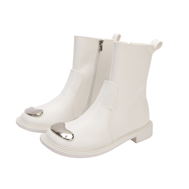 Women's Square Toe Metal Buckle Flat Martin Boots Side Zipper