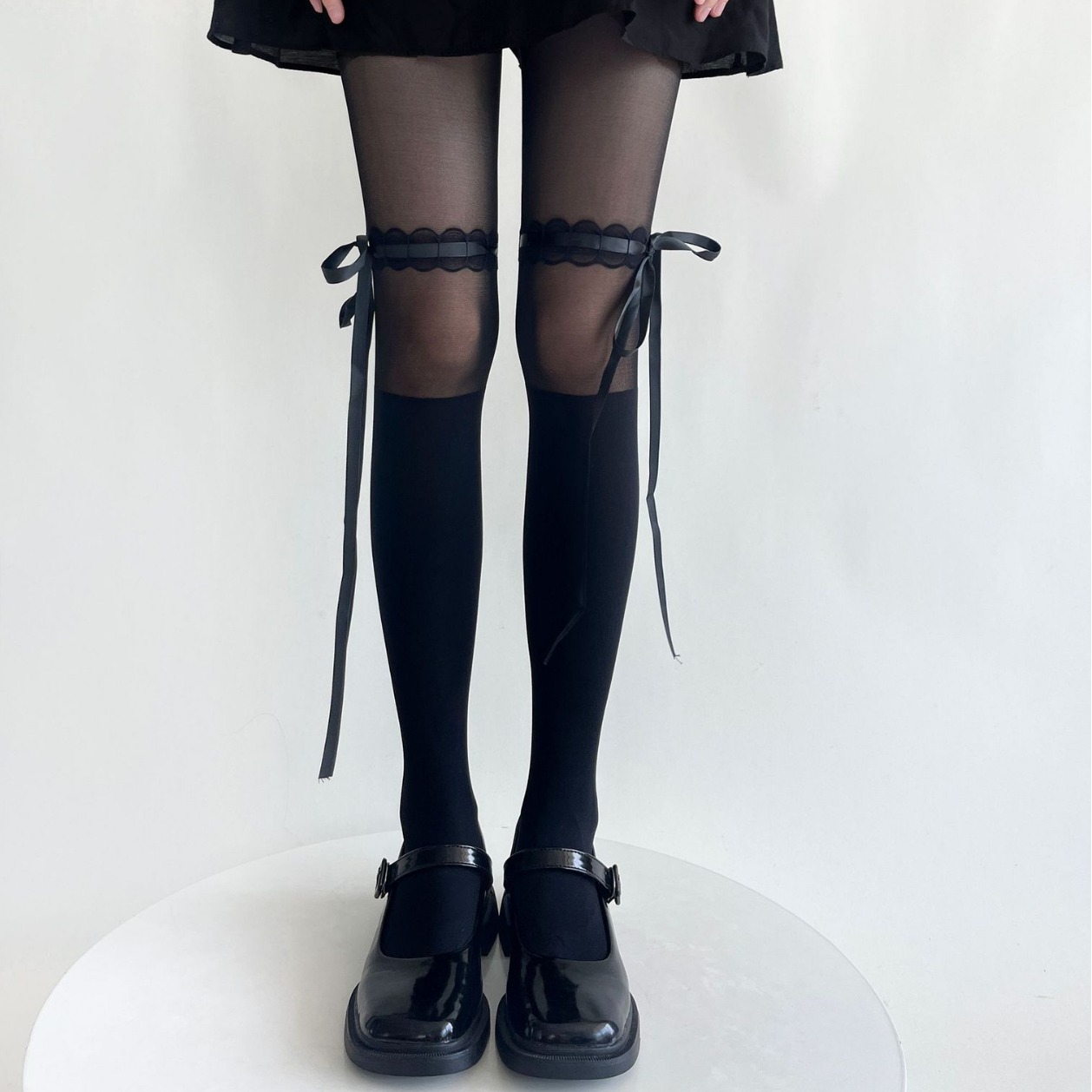 Pure Desire Style Lolita Patchwork Stockings, Summer Thin Style For Women, Slimming Bandage Bow Ballet Style Black Pantyhose