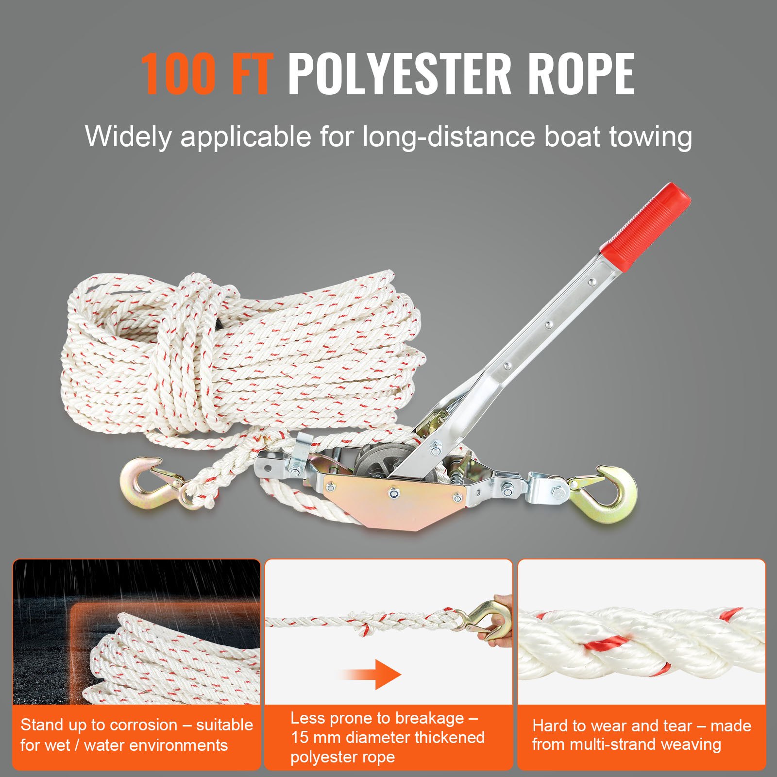 Rope Puller, 3/4 Ton (750 Kg) Pulling Capacity, With 30.48 M Of 1.52 Cm Dia. Rope, 2 Hook, Come Along Winch, Heavy Duty Ratchet Power Puller Tool For Moving Boats, Securing Items, Transporting Logs - Image 3