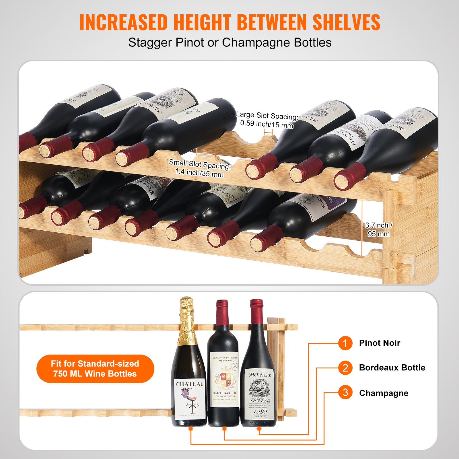 18 Bottle Stackable Modular Wine Rack, 2-Tier Solid Bamboo Wood Storage Racks, Floor Freestanding Wines Holder Display Shelf, Wobble-Free Shelves For Kitchen, Bar, And Cellar (Natural Color) - Image 2