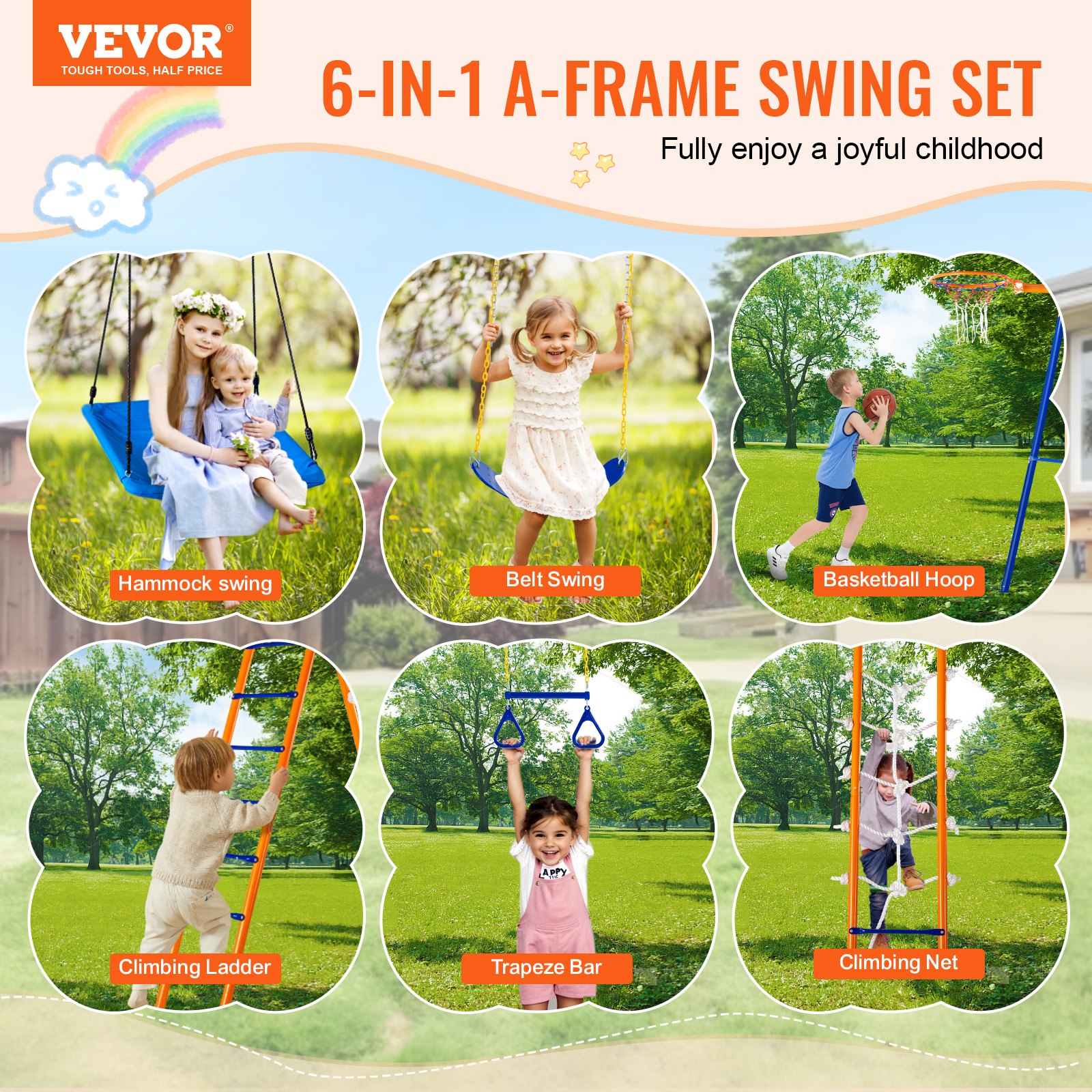 Swing Sets For Backyard, 6 In 1 Swing Set With 2 Swings, Trapeze Bar, Climbing Ladder, Climbing Net, And Basketball Hoop, 440lbs Load Capacity Heavy-Duty Metal Swingset Outdoor For Kids Ages 3+