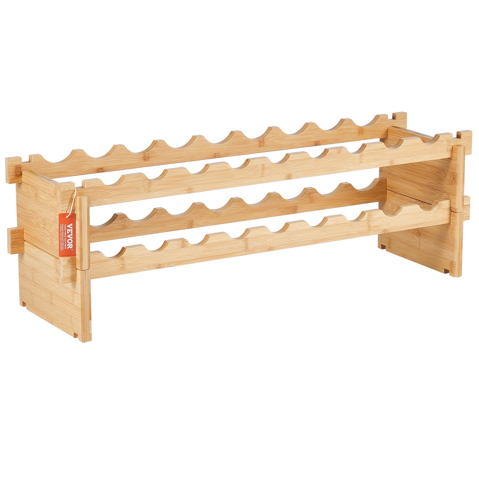 18 Bottle Stackable Modular Wine Rack, 2-Tier Solid Bamboo Wood Storage Racks, Floor Freestanding Wines Holder Display Shelf, Wobble-Free Shelves For Kitchen, Bar, And Cellar (Natural Color)