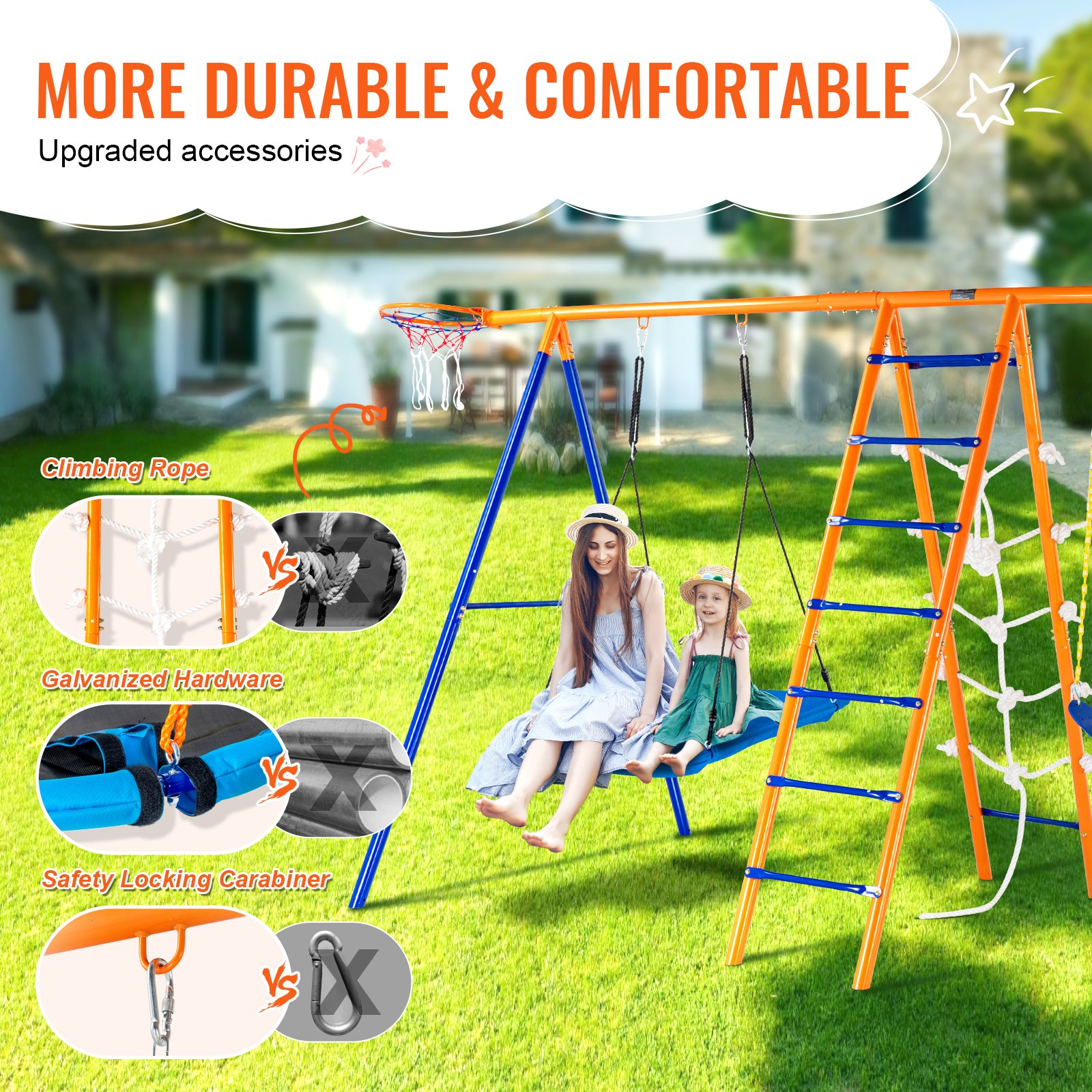 Swing Sets For Backyard, 6 In 1 Swing Set With 2 Swings, Trapeze Bar, Climbing Ladder, Climbing Net, And Basketball Hoop, 440lbs Load Capacity Heavy-Duty Metal Swingset Outdoor For Kids Ages 3+ - Image 3
