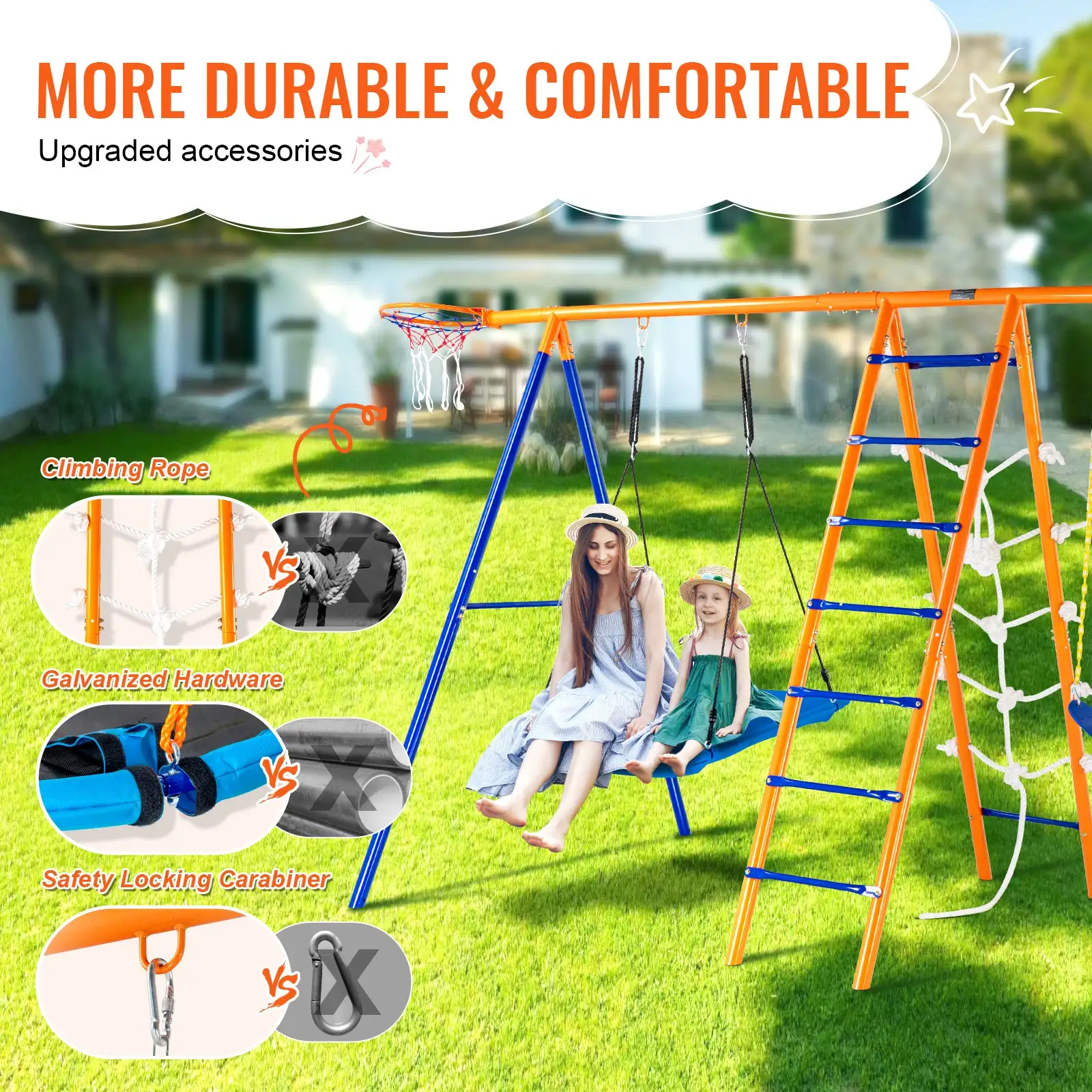 Swing Sets For Backyard, 6 In 1 Swing Set With 2 Swings, Trapeze Bar, Climbing Ladder, Climbing Net, And Basketball Hoop, 440lbs Load Capacity Heavy-Duty Metal