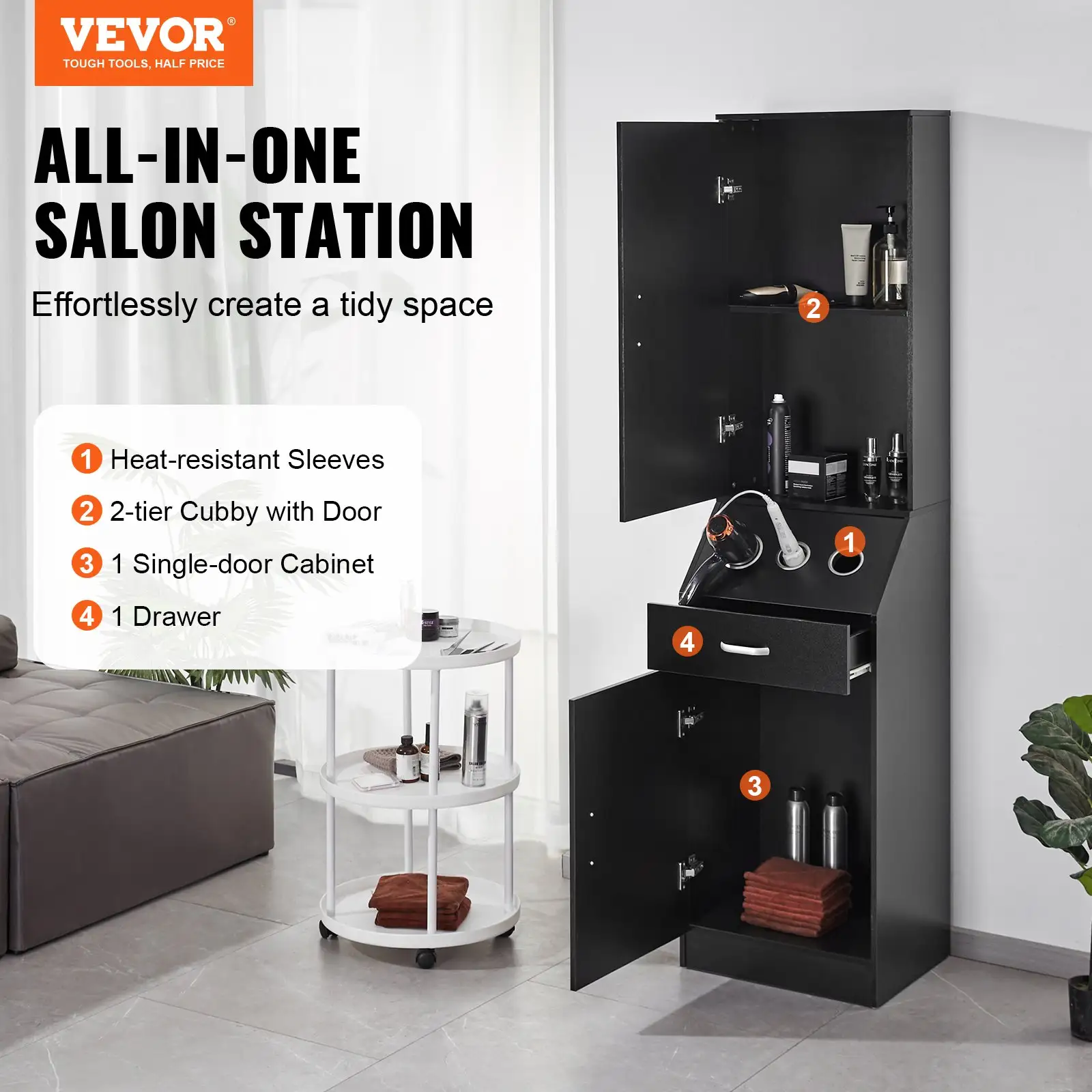 Salon Storage Cabinet, Barber Salon Station For Hair Stylist, Hair Stylist Station Set, With 3 Hair Dryer Holders, Cabinets, And A Drawer, Black