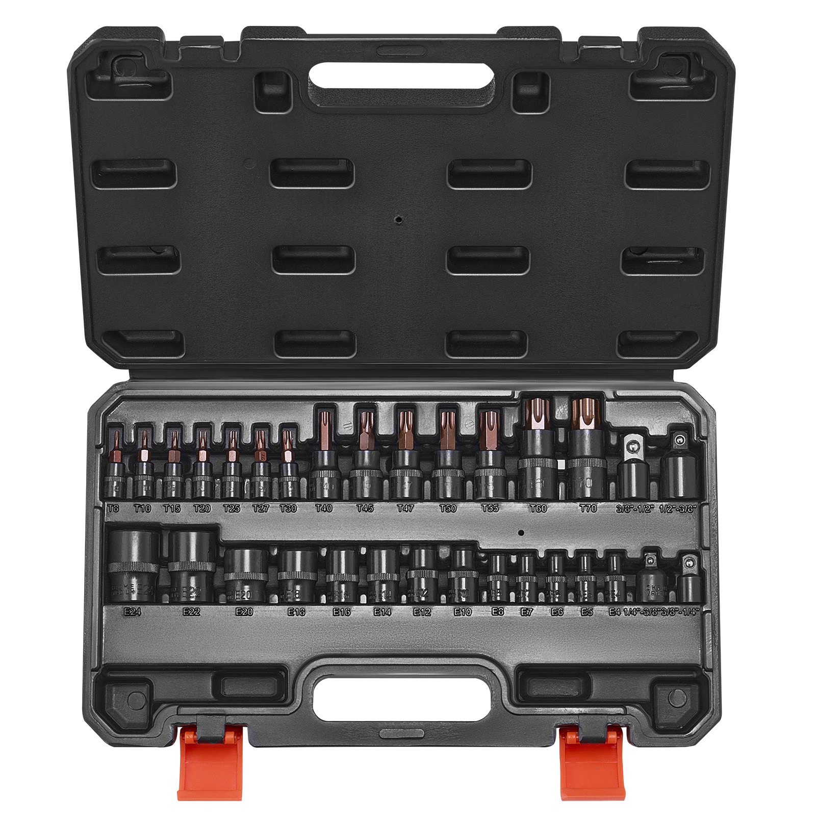 Torx Bit Socket And External Torx Socket Set, 31-Piece T8-T70 And E4-E24, S2 Alloy Steel And Cr-V Steel, 1/4 In, 3/8 In, And 1/2 In Drives, With Adapter And Enhanced Storage Case, For Automotive – PTTT143812TORESE9V0