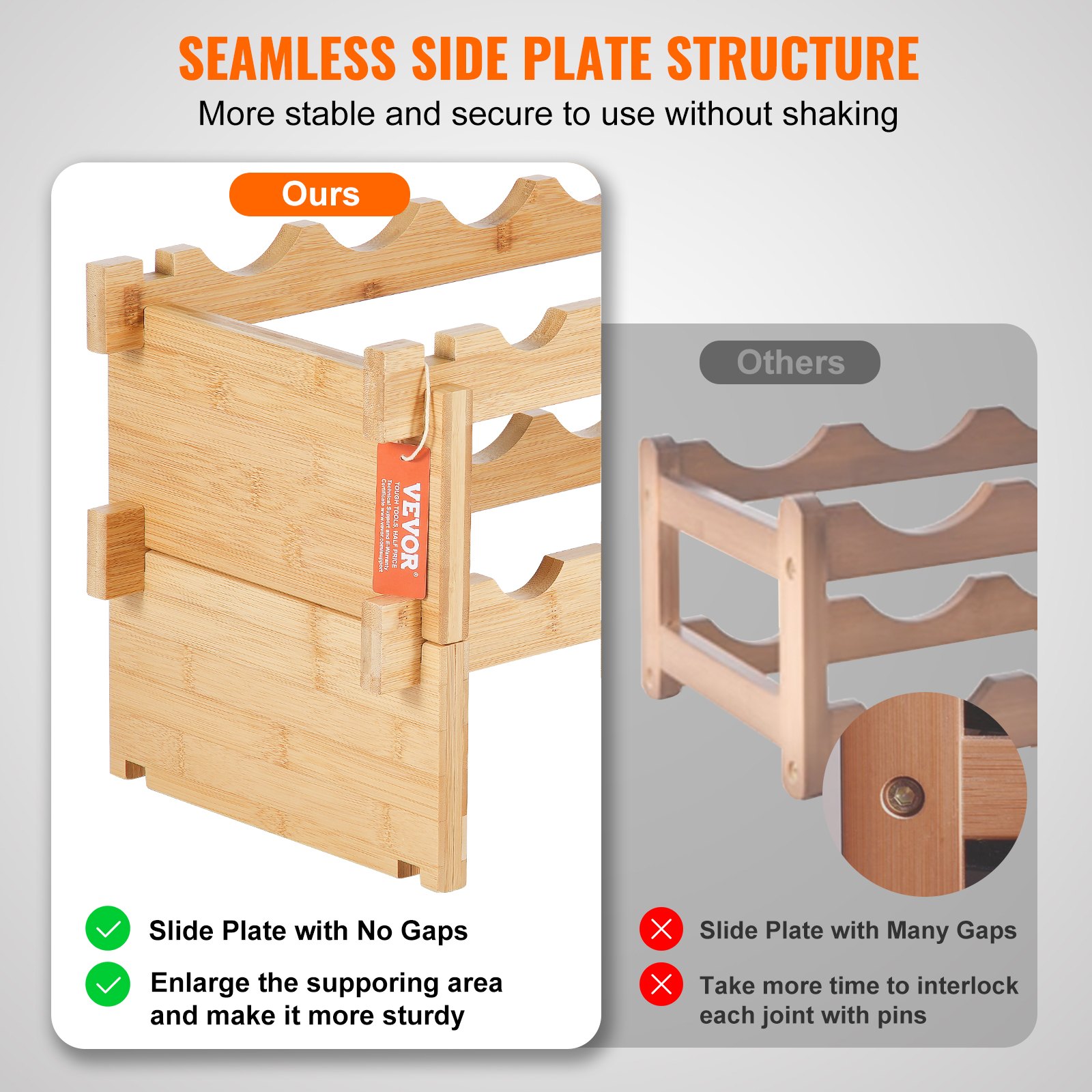 18 Bottle Stackable Modular Wine Rack, 2-Tier Solid Bamboo Wood Storage Racks, Floor Freestanding Wines Holder Display Shelf, Wobble-Free Shelves For Kitchen, Bar, And Cellar (Natural Color) - Image 4