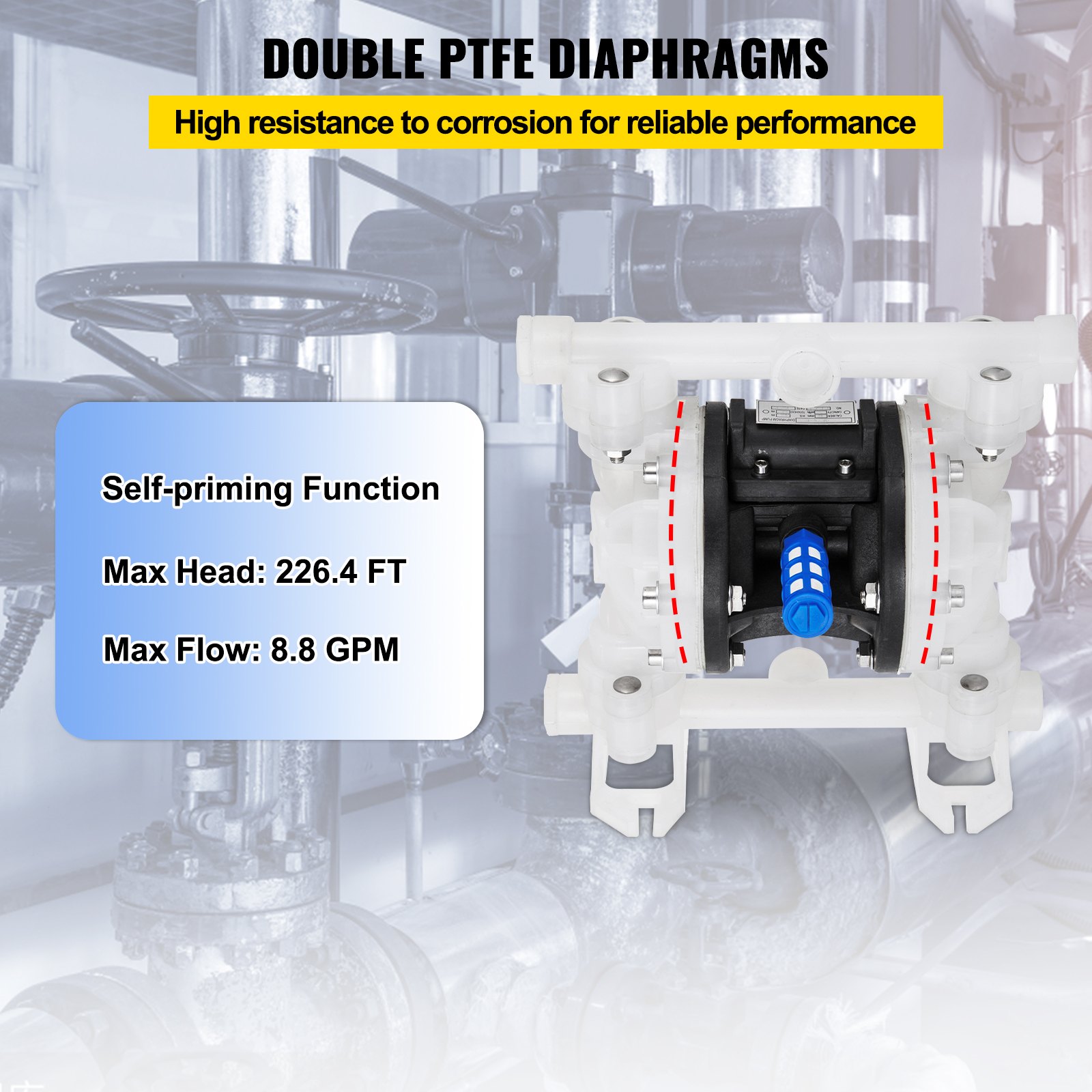 Air Double Diaphragm Pump 7GPM 100PSI Polypropylene Diaphragm Water Pump With 1.3 Cm Inlet & Outlet Ports Air Pump Diaphragm 6900.7 Cm Max Head Air-operated Diaphragm Pump With Sealed Ball Valve - Image 3