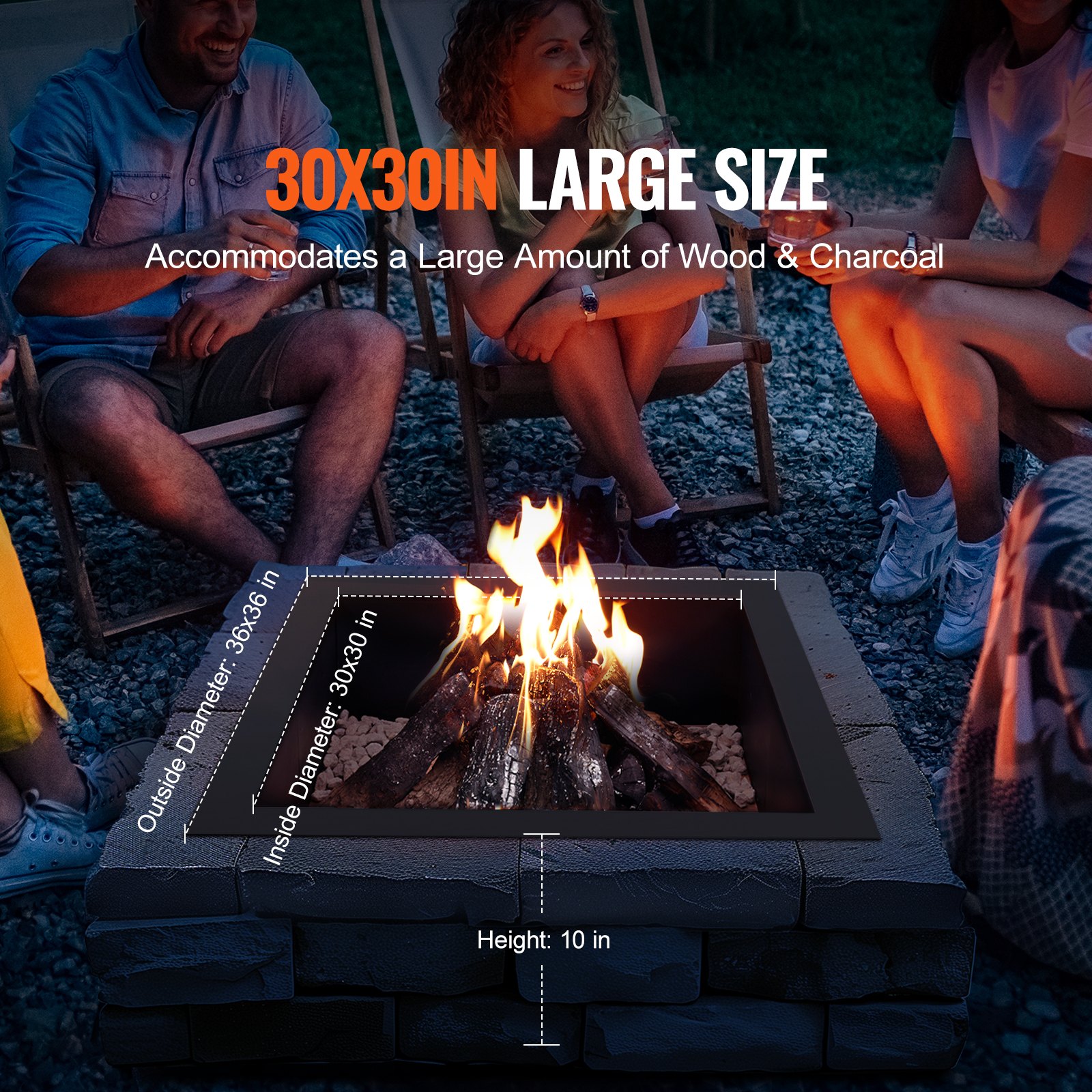 Fire Pit Ring, 36×36 In Outer/30×30 In Inner Diameter, 10inch Height Square Fire Pit Insert, Heavy Duty Carbon Steel Liner DIY Campfire Ring Above Or In-Ground, For Outdoor Camping, Bonfires