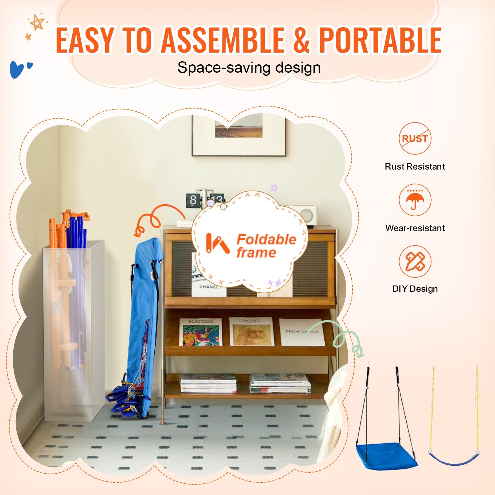 Swing Sets For Backyard, 6 In 1 Swing Set With 2 Swings, Trapeze Bar, Climbing Ladder, Climbing Net, And Basketball Hoop, 440lbs Load Capacity Heavy-Duty Metal Swingset Outdoor For Kids Ages 3+ - Image 4