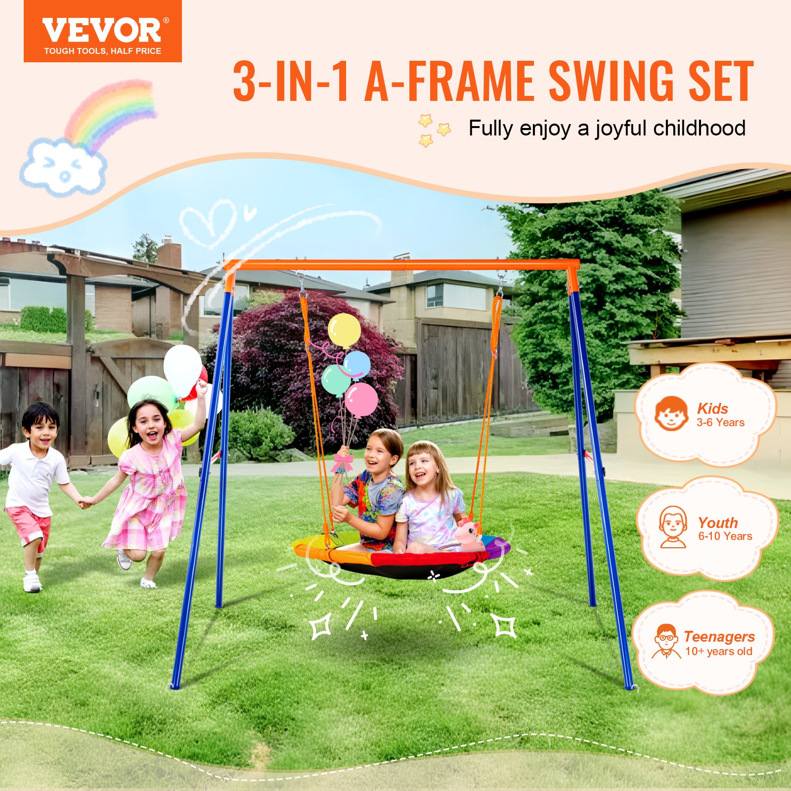 Swing Sets For Backyard, 440lbs Load Capacity Swing Set, 40″ Saucer Swing Seat With Heavy Duty A-Frame Metal Swing Stand And Adjustable Rope, Easy To Assemble, Swingset Outdoor For Kids
