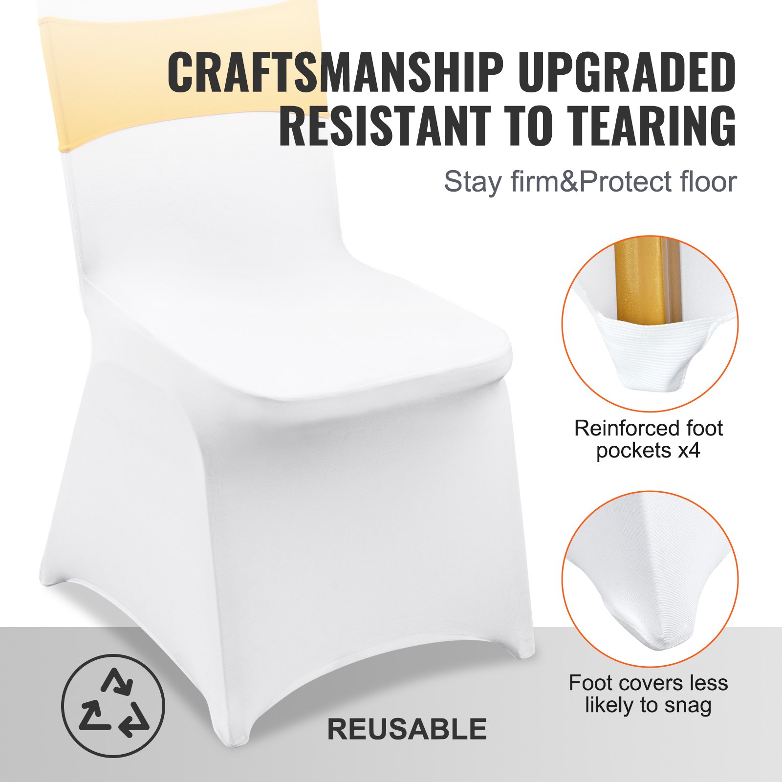 Stretch Spandex Folding Chair Covers, Universal Fitted Chair Cover With Chair Sashes, Removable Washable Protective Slipcovers, For Wedding, Holiday, Banquet, Party, Dining (50 Set Gold & White) - Image 3
